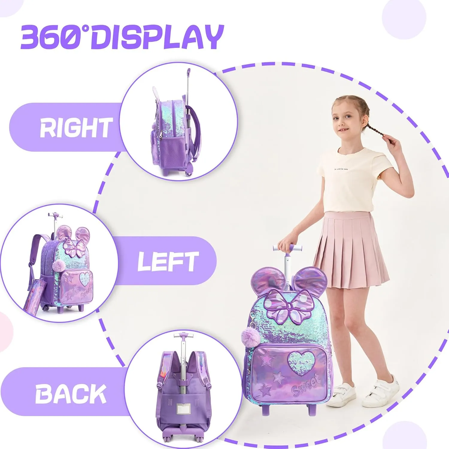 Meetbelify Rolling Backpack for Girls Backpacks with Wheels for Elementary School Students Kids 3 in 1 Travel Luggage Suitcase with Lunch Box Pencil Case for Girls Age 8-10 Cute