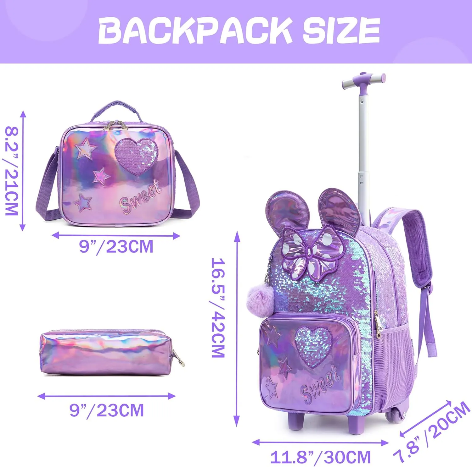 Meetbelify Rolling Backpack for Girls Backpacks with Wheels for Elementary School Students Kids 3 in 1 Travel Luggage Suitcase with Lunch Box Pencil Case for Girls Age 8-10 Cute