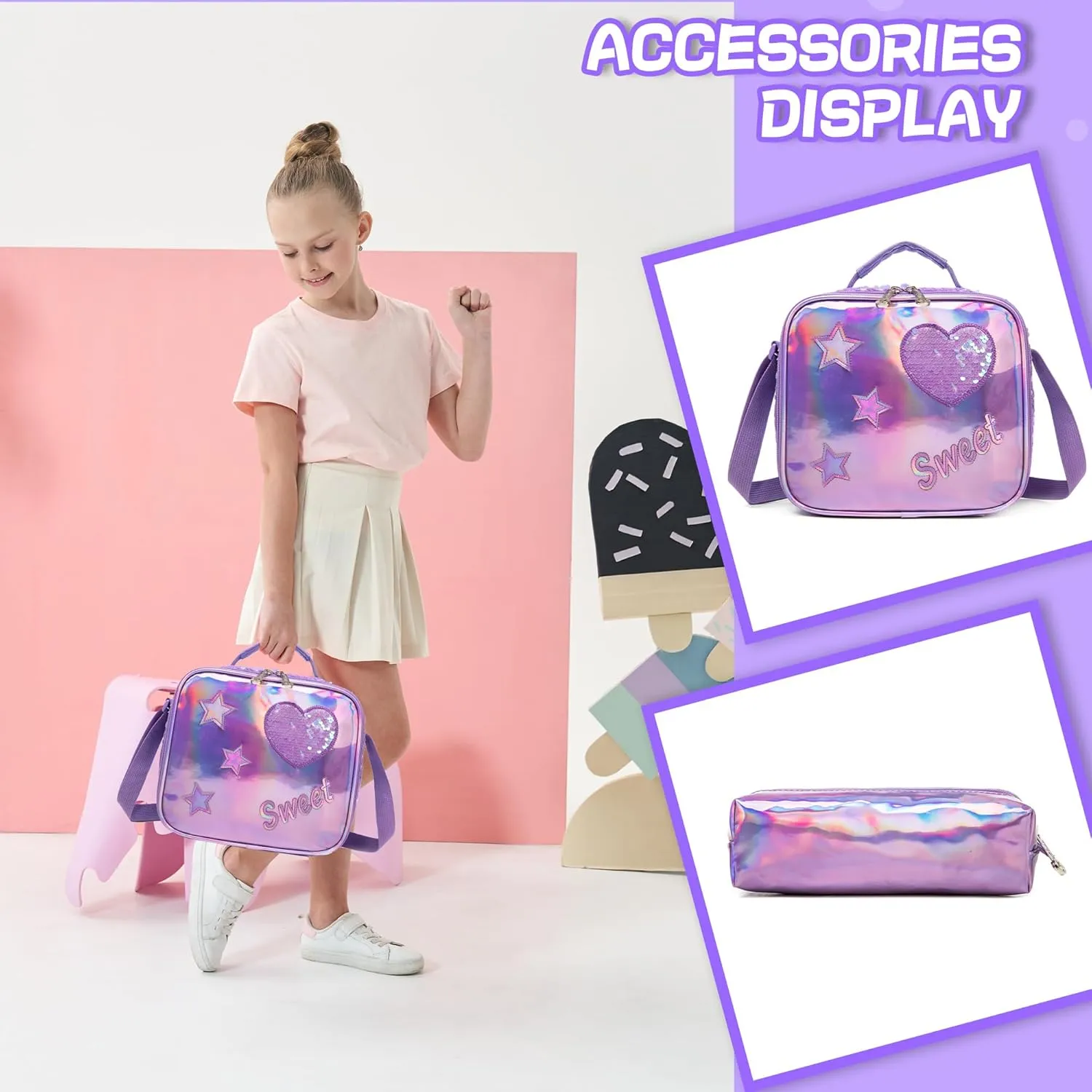 Meetbelify Rolling Backpack for Girls Backpacks with Wheels for Elementary School Students Kids 3 in 1 Travel Luggage Suitcase with Lunch Box Pencil Case for Girls Age 8-10 Cute