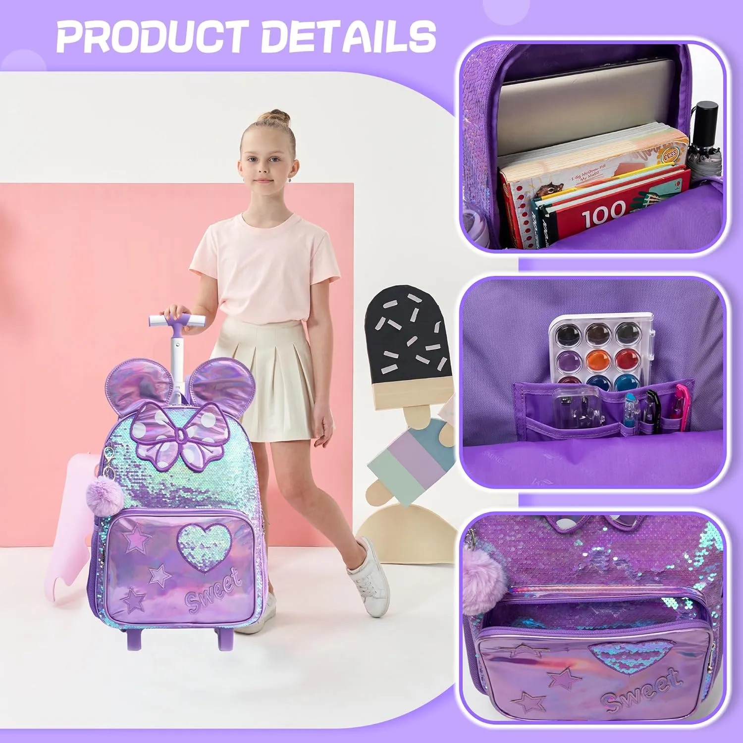 Meetbelify Rolling Backpack for Girls Backpacks with Wheels for Elementary School Students Kids 3 in 1 Travel Luggage Suitcase with Lunch Box Pencil Case for Girls Age 8-10 Cute