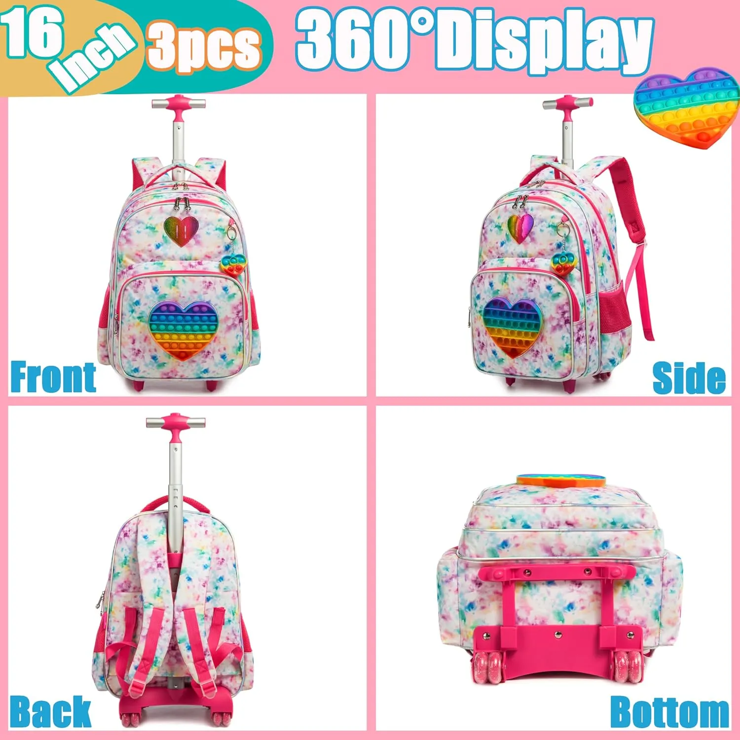 Meetbelify Rolling Backpack for Girls Wheels Backpacks for Elementary Student Kids Wheeled Trolley Trip Luggage for Teen Girls with Lunch Box Pencil Case