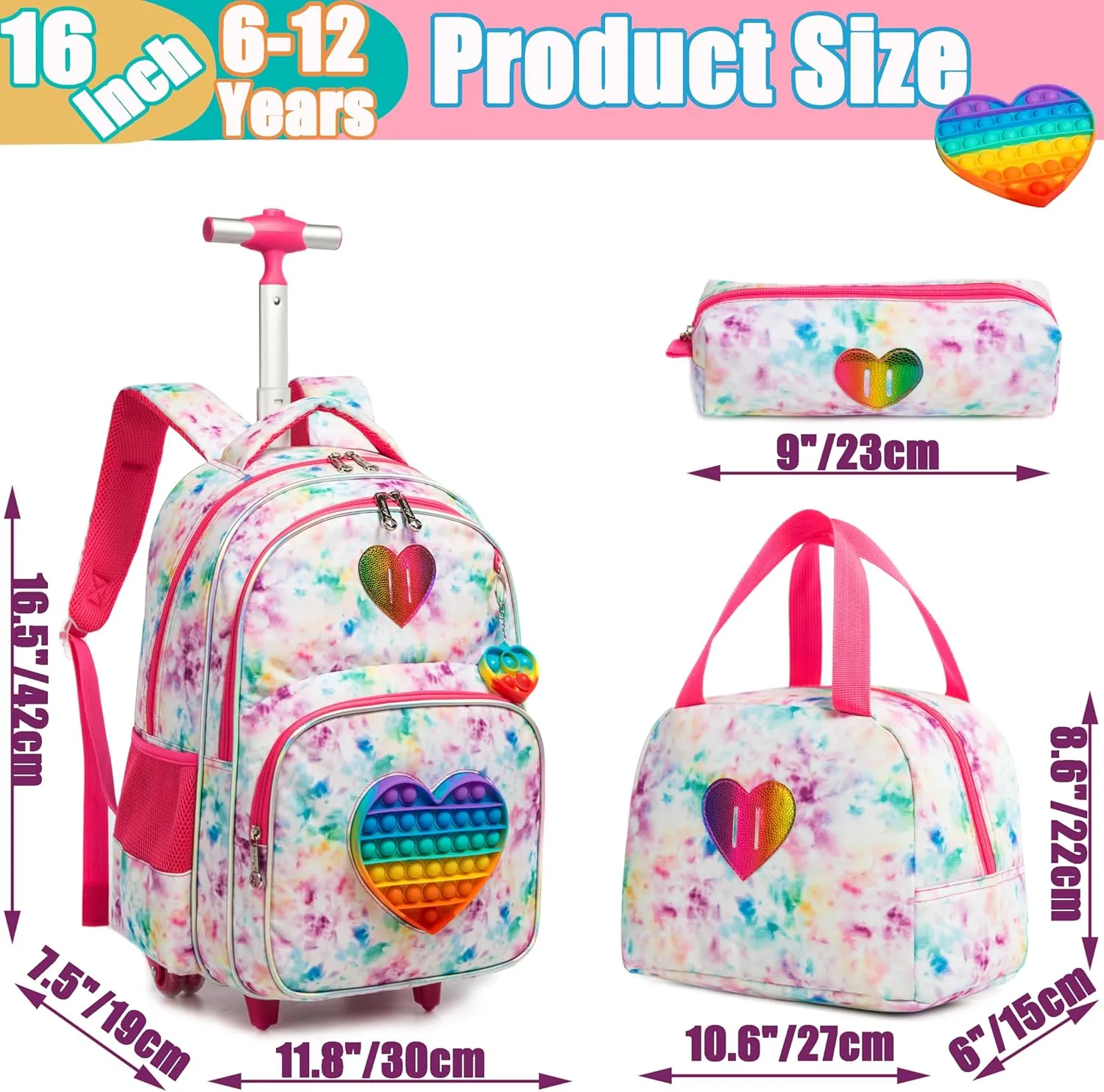 Meetbelify Rolling Backpack for Girls Wheels Backpacks for Elementary Student Kids Wheeled Trolley Trip Luggage for Teen Girls with Lunch Box Pencil Case