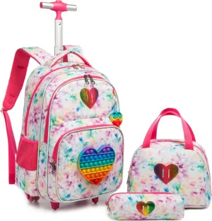Meetbelify Rolling Backpack for Girls Wheels Backpacks for Elementary Student Kids Wheeled Trolley Trip Luggage for Teen Girls with Lunch Box Pencil Case