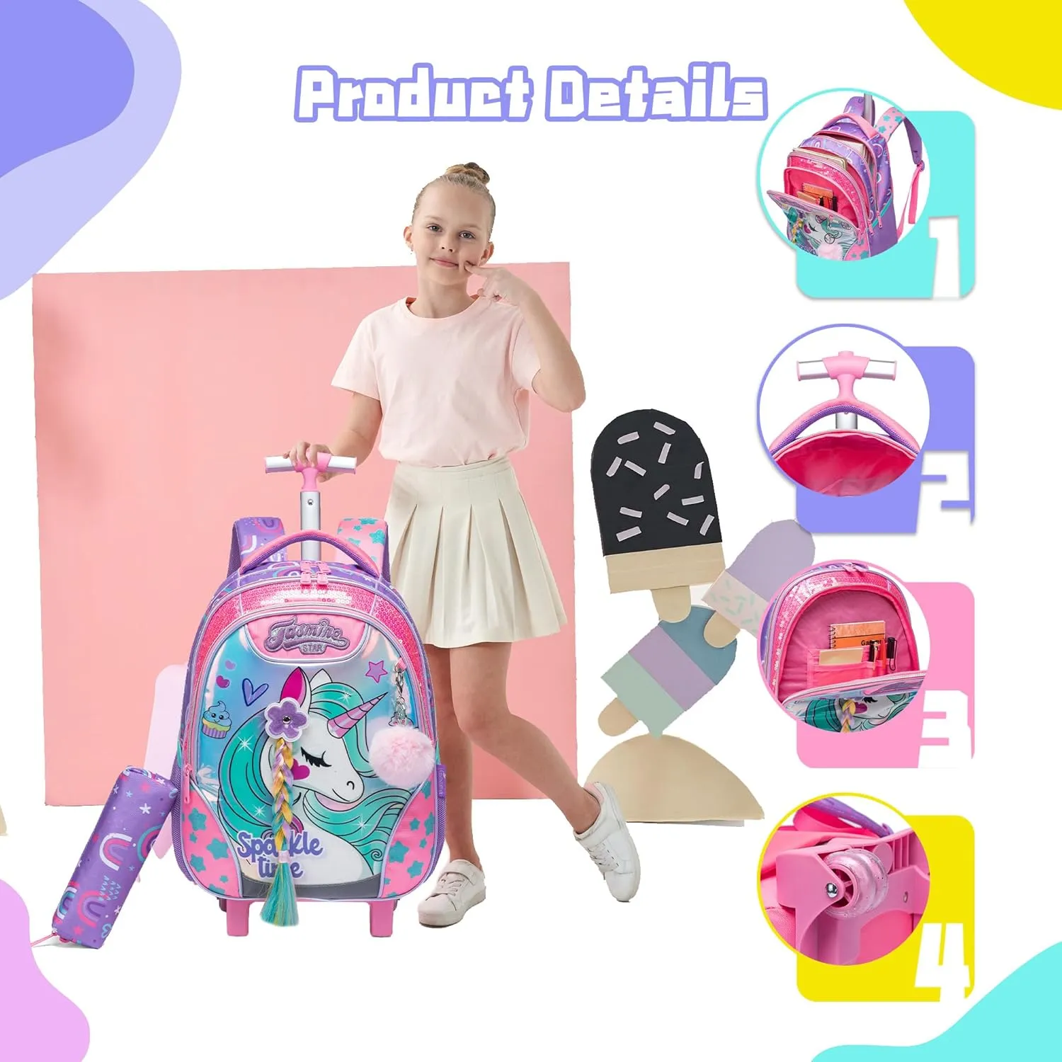 Meetbelify Unicorn Rolling Backpack for Girls Backpacks with Wheels for Elementary Preschool Students 3 in 1 Carry on Travel Luggage Kids Suitcase with Lunch Box Pencil Case for Girls Age 8-10