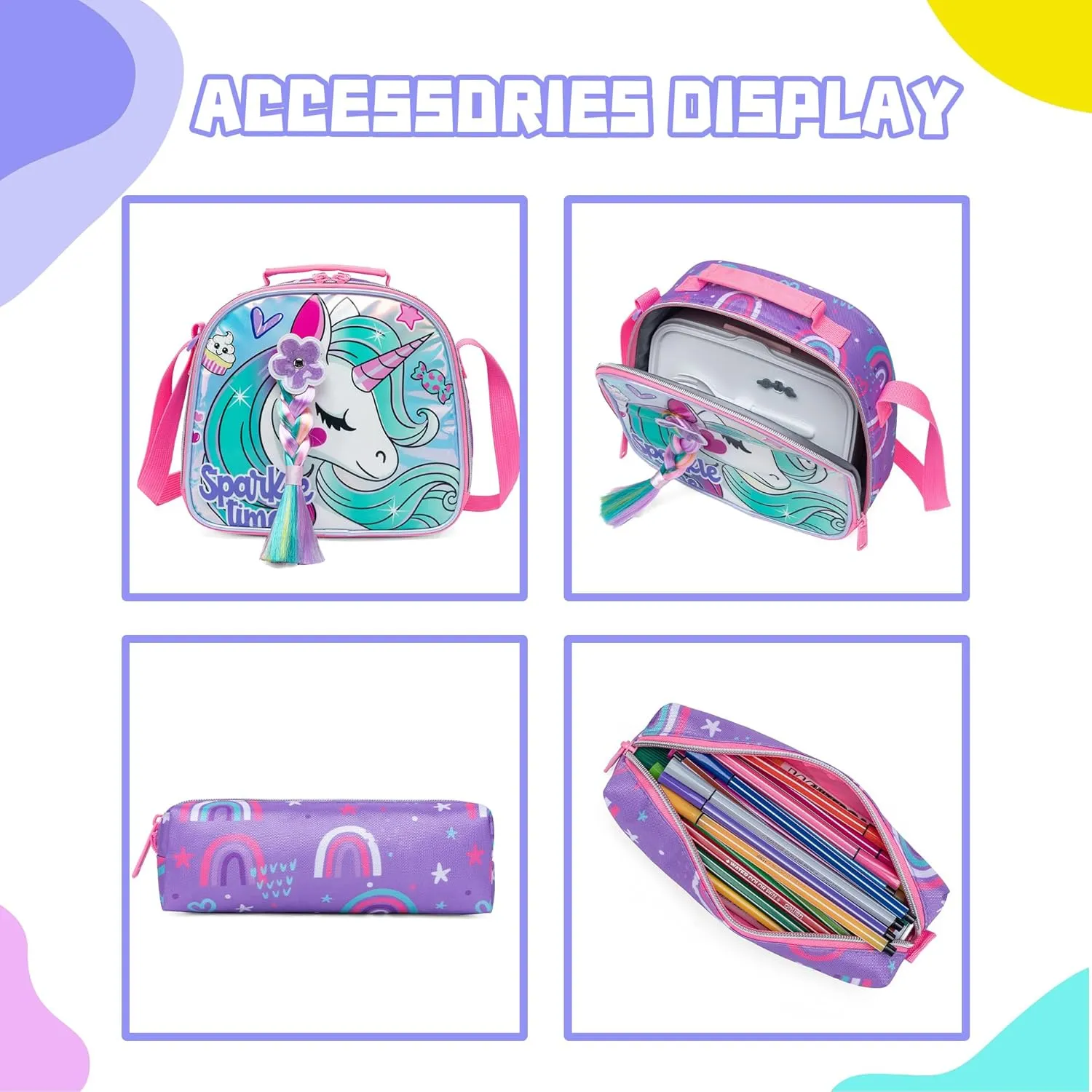 Meetbelify Unicorn Rolling Backpack for Girls Backpacks with Wheels for Elementary Preschool Students 3 in 1 Carry on Travel Luggage Kids Suitcase with Lunch Box Pencil Case for Girls Age 8-10