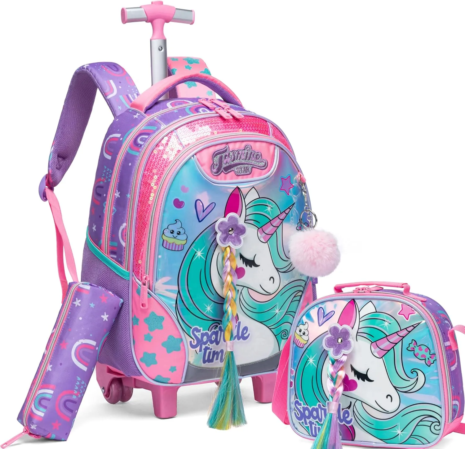 Meetbelify Unicorn Rolling Backpack for Girls Backpacks with Wheels for Elementary Preschool Students 3 in 1 Carry on Travel Luggage Kids Suitcase with Lunch Box Pencil Case for Girls Age 8-10