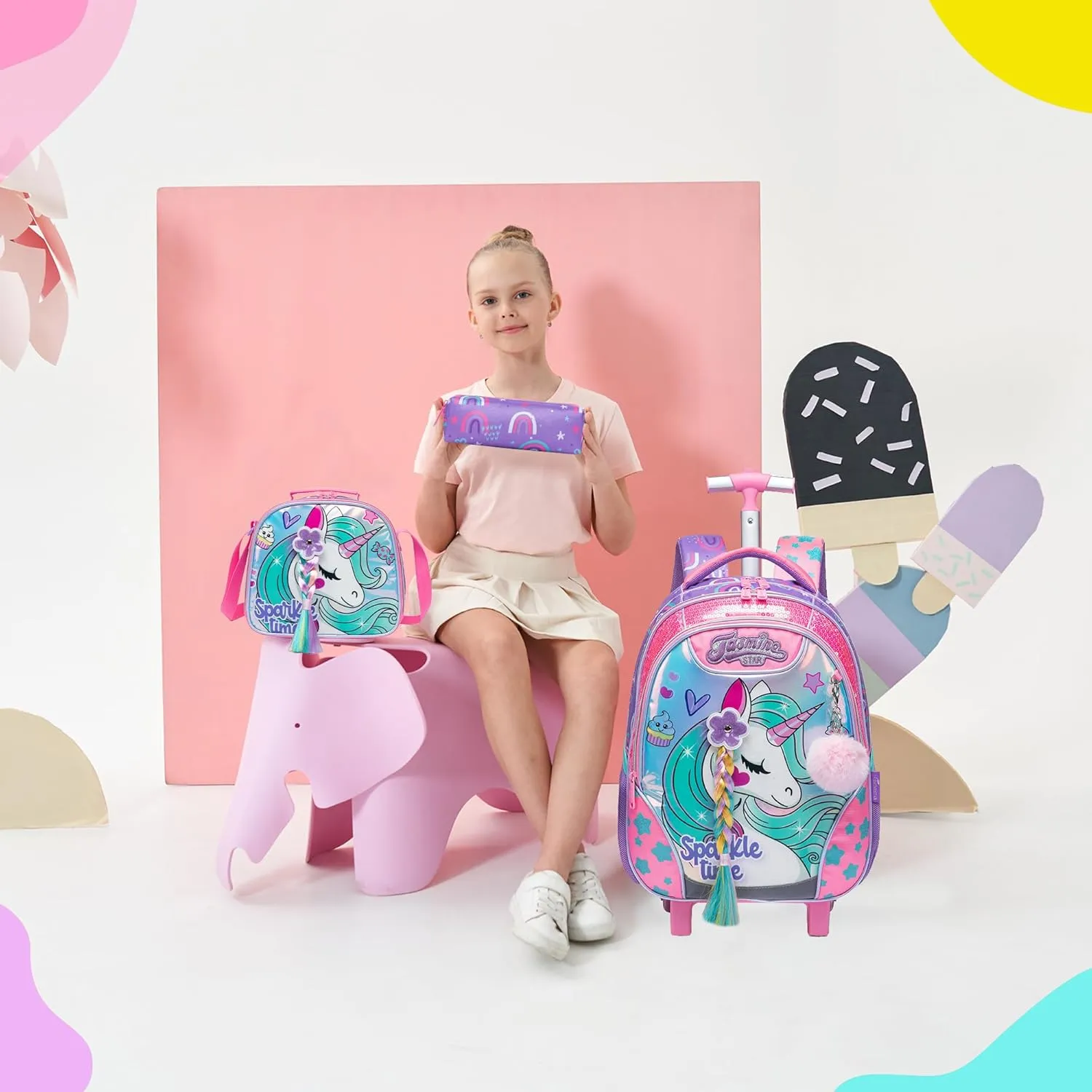 Meetbelify Unicorn Rolling Backpack for Girls Backpacks with Wheels for Elementary Preschool Students 3 in 1 Carry on Travel Luggage Kids Suitcase with Lunch Box Pencil Case for Girls Age 8-10
