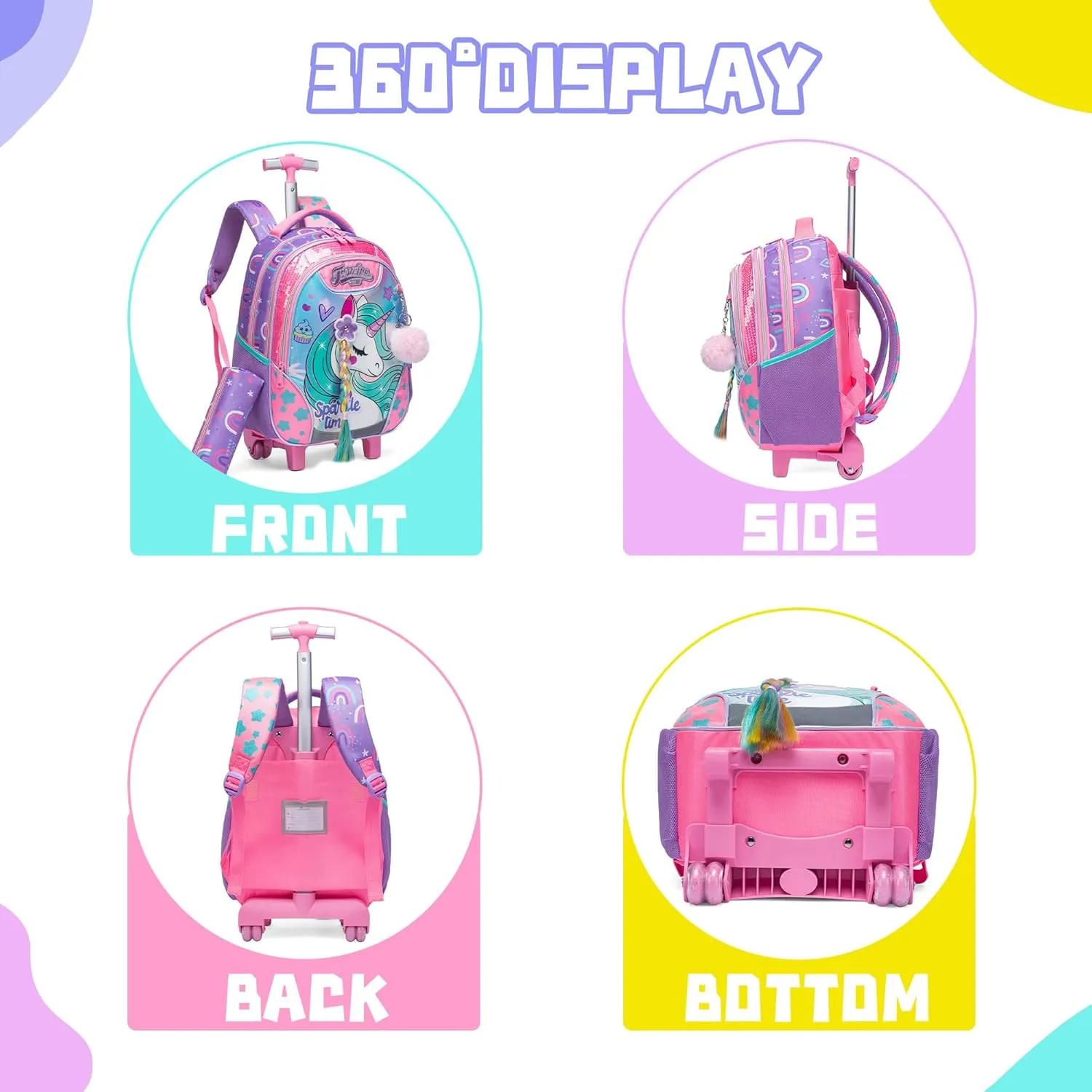 Meetbelify Unicorn Rolling Backpack for Girls Backpacks with Wheels for Elementary Preschool Students 3 in 1 Carry on Travel Luggage Kids Suitcase with Lunch Box Pencil Case for Girls Age 8-10