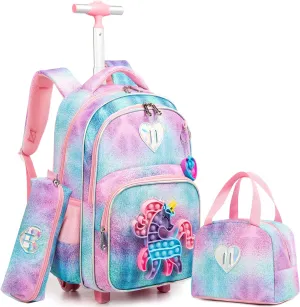 Meetbelify Unicorn Rolling Backpack for Girls Wheels Backpacks for Elementary Student Wheeled Trolley Trip Kids Luggage for Teen Girls with Lunch Box Pencil Case