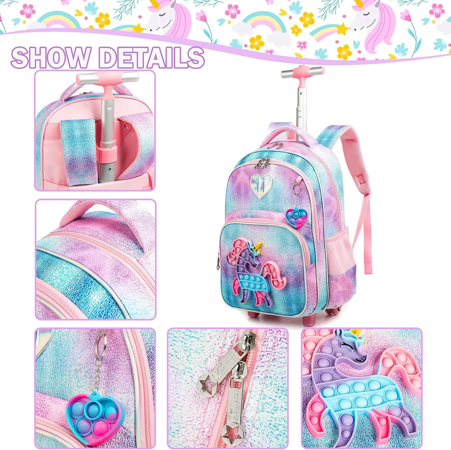 Meetbelify Unicorn Rolling Backpack for Girls Wheels Backpacks for Elementary Student Wheeled Trolley Trip Kids Luggage for Teen Girls with Lunch Box Pencil Case