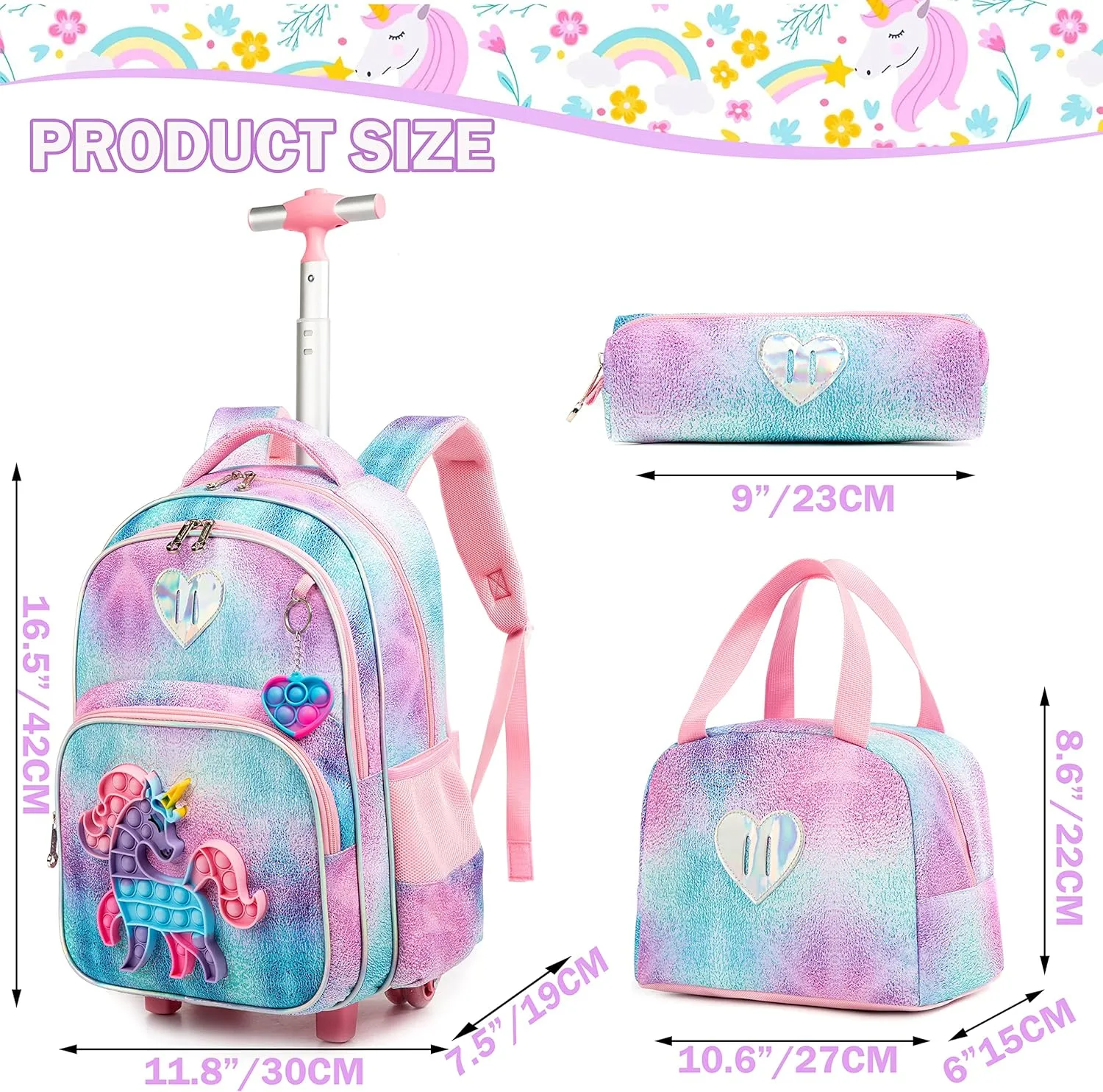 Meetbelify Unicorn Rolling Backpack for Girls Wheels Backpacks for Elementary Student Wheeled Trolley Trip Kids Luggage for Teen Girls with Lunch Box Pencil Case