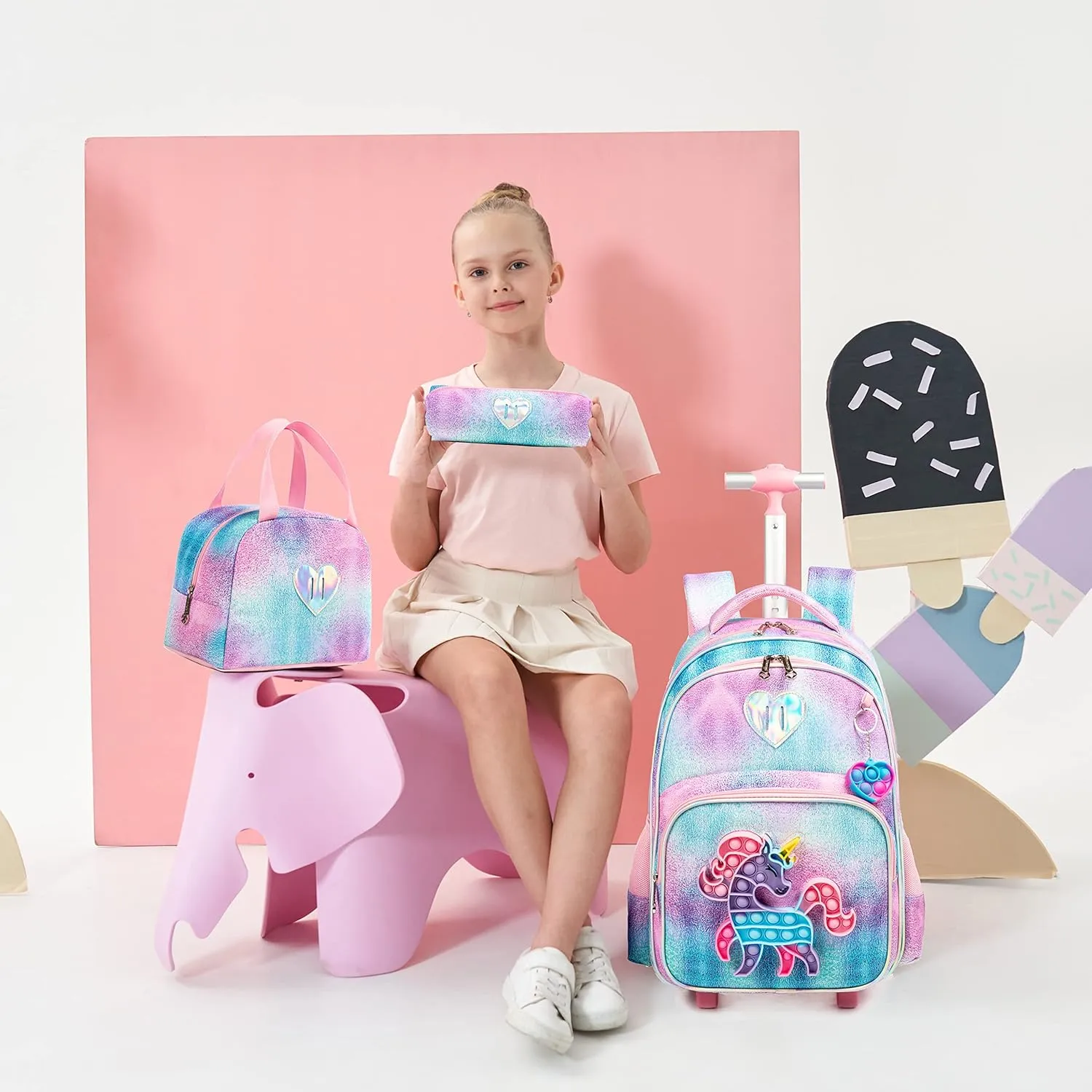 Meetbelify Unicorn Rolling Backpack for Girls Wheels Backpacks for Elementary Student Wheeled Trolley Trip Kids Luggage for Teen Girls with Lunch Box Pencil Case
