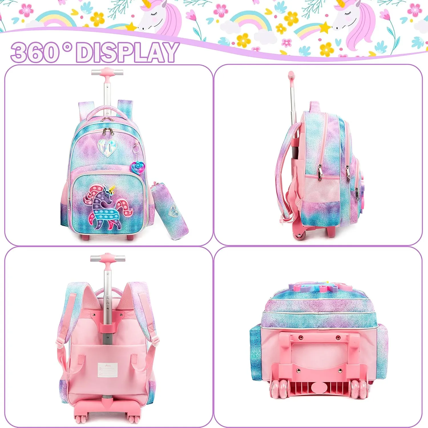 Meetbelify Unicorn Rolling Backpack for Girls Wheels Backpacks for Elementary Student Wheeled Trolley Trip Kids Luggage for Teen Girls with Lunch Box Pencil Case