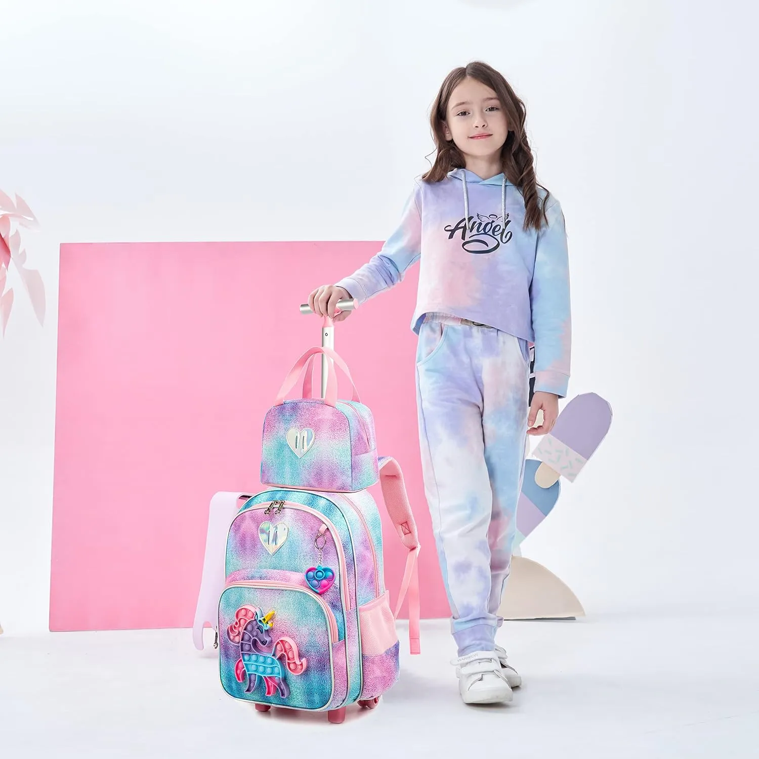 Meetbelify Unicorn Rolling Backpack for Girls Wheels Backpacks for Elementary Student Wheeled Trolley Trip Kids Luggage for Teen Girls with Lunch Box Pencil Case