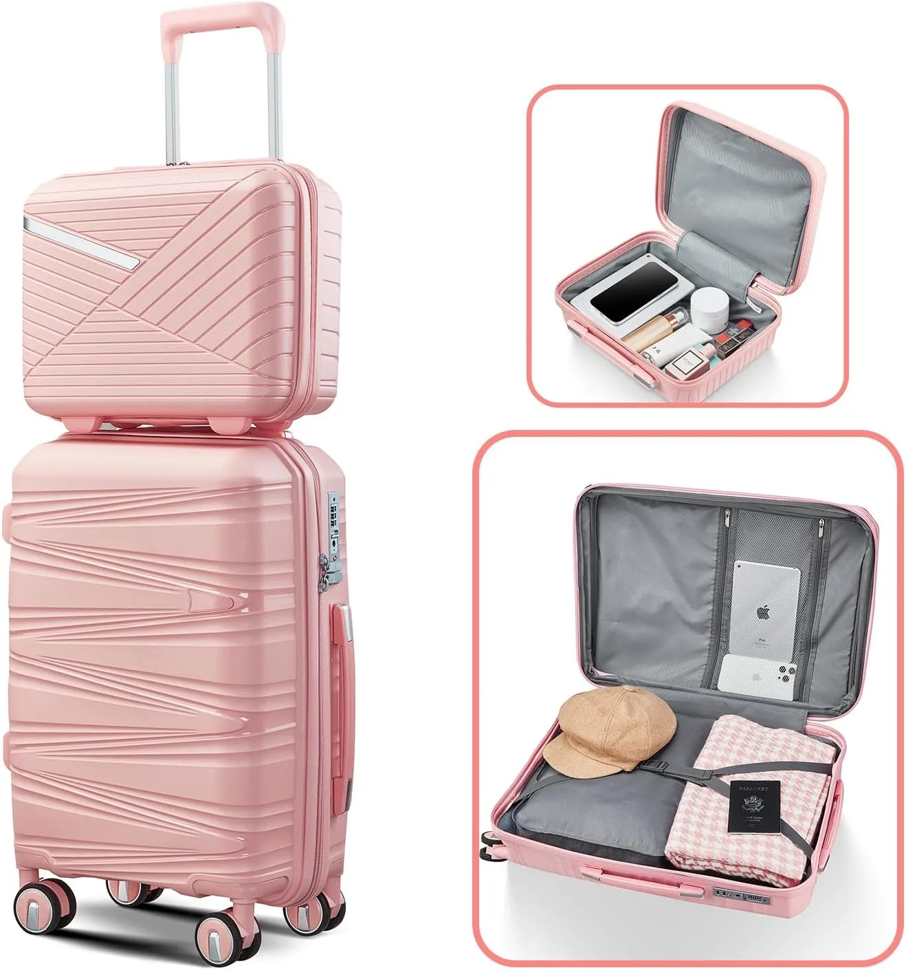 Merax 4 Piece Luggage Sets, Hard Shell Lightweight TSA Lock Carry on Expandable Suitcase with Spinner Wheels Travel Set for Men Women, 14”20”24”28”, Pink