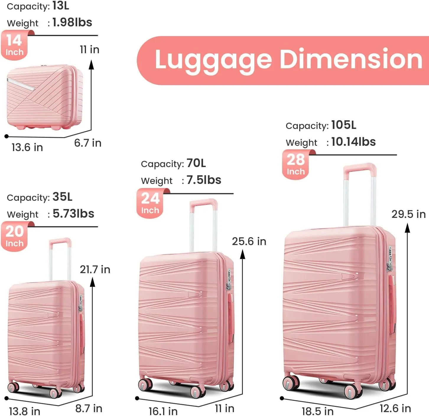 Merax 4 Piece Luggage Sets, Hard Shell Lightweight TSA Lock Carry on Expandable Suitcase with Spinner Wheels Travel Set for Men Women, 14”20”24”28”, Pink
