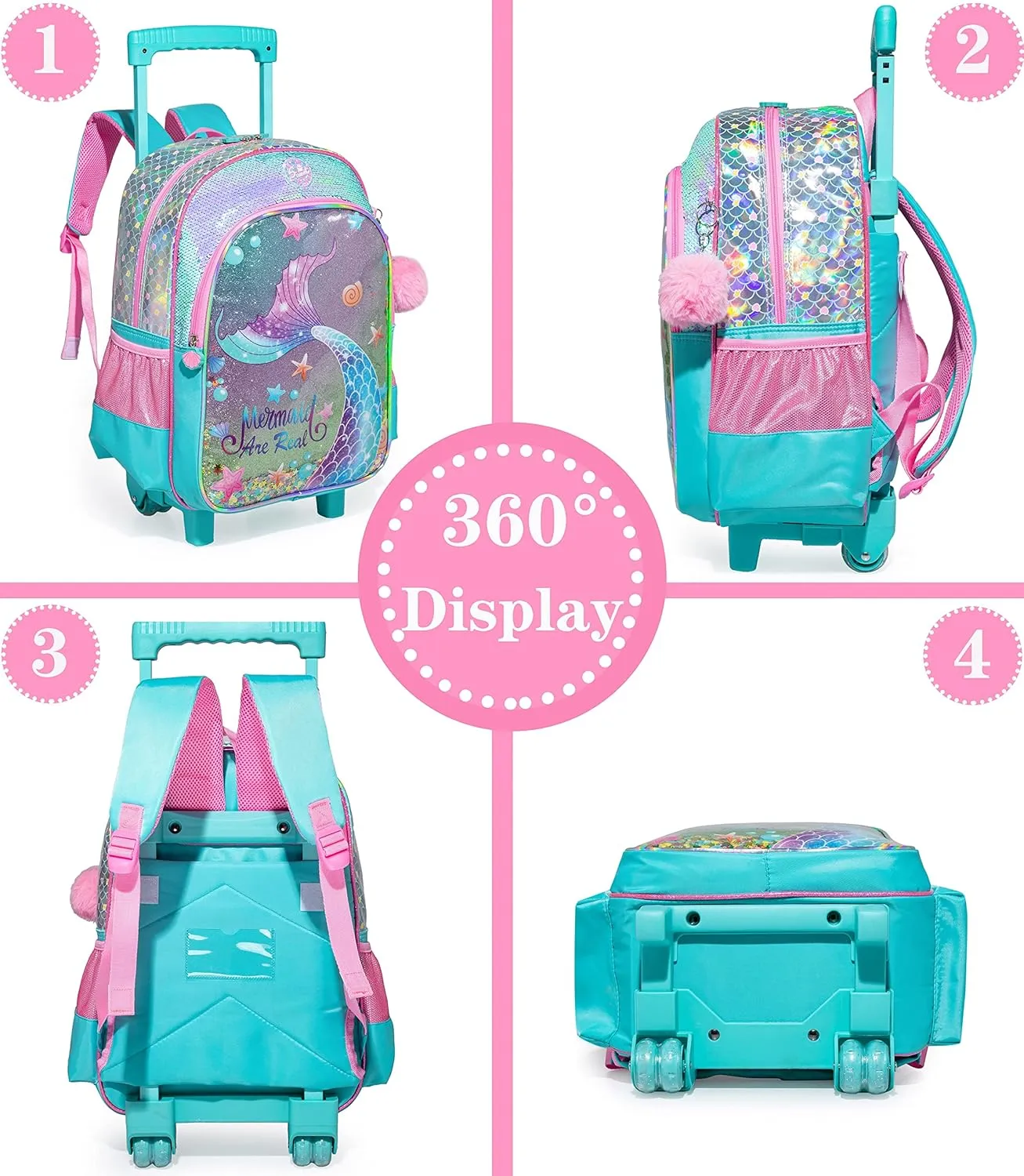 Mermaid Backpack with Wheels Girls Backpack with Lunch Box Set Kids Suitcase for Girls Preschool Wheeled Backpack with Roller Elementary Kids School Rolling Backpacks for Girls with Lunch Box