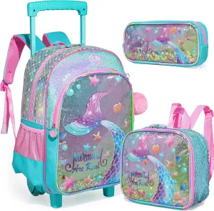 Mermaid Backpack with Wheels Girls Backpack with Lunch Box Set Kids Suitcase for Girls Preschool Wheeled Backpack with Roller Elementary Kids School Rolling Backpacks for Girls with Lunch Box