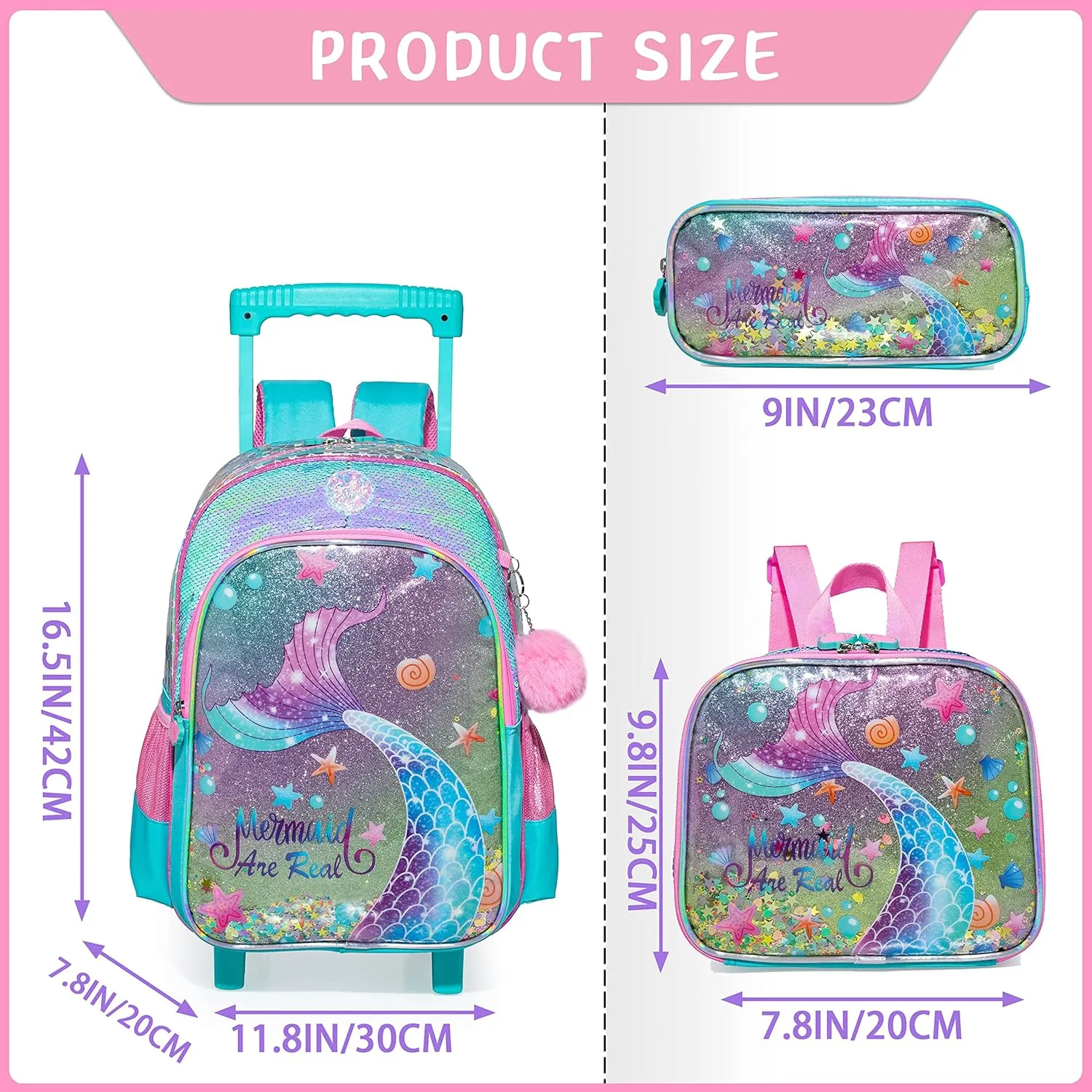 Mermaid Backpack with Wheels Girls Backpack with Lunch Box Set Kids Suitcase for Girls Preschool Wheeled Backpack with Roller Elementary Kids School Rolling Backpacks for Girls with Lunch Box