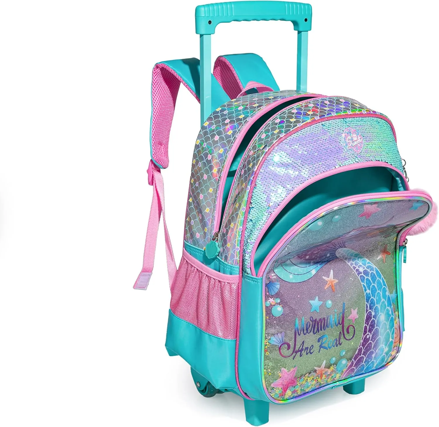 Mermaid Backpack with Wheels Girls Backpack with Lunch Box Set Kids Suitcase for Girls Preschool Wheeled Backpack with Roller Elementary Kids School Rolling Backpacks for Girls with Lunch Box