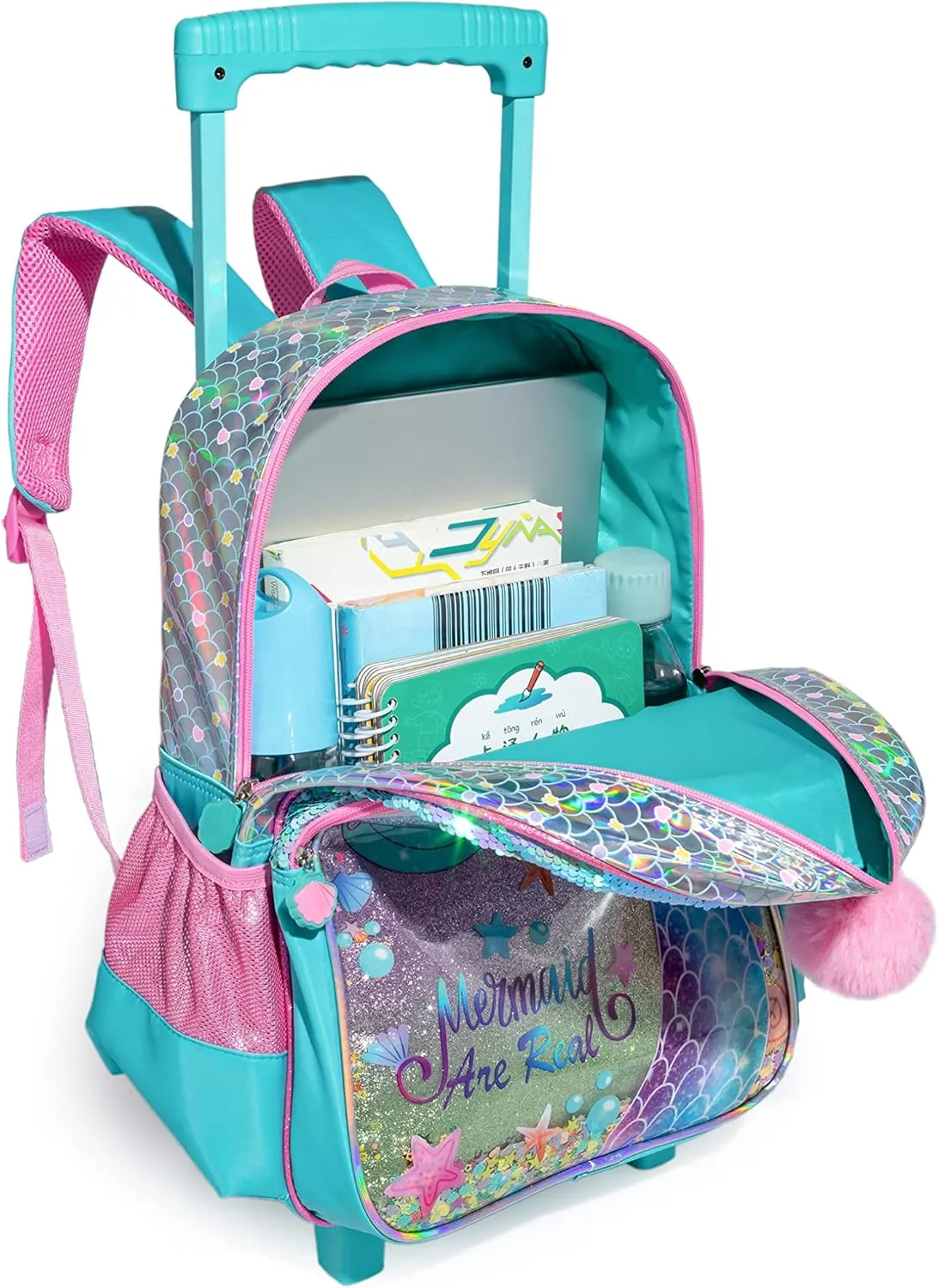 Mermaid Backpack with Wheels Girls Backpack with Lunch Box Set Kids Suitcase for Girls Preschool Wheeled Backpack with Roller Elementary Kids School Rolling Backpacks for Girls with Lunch Box