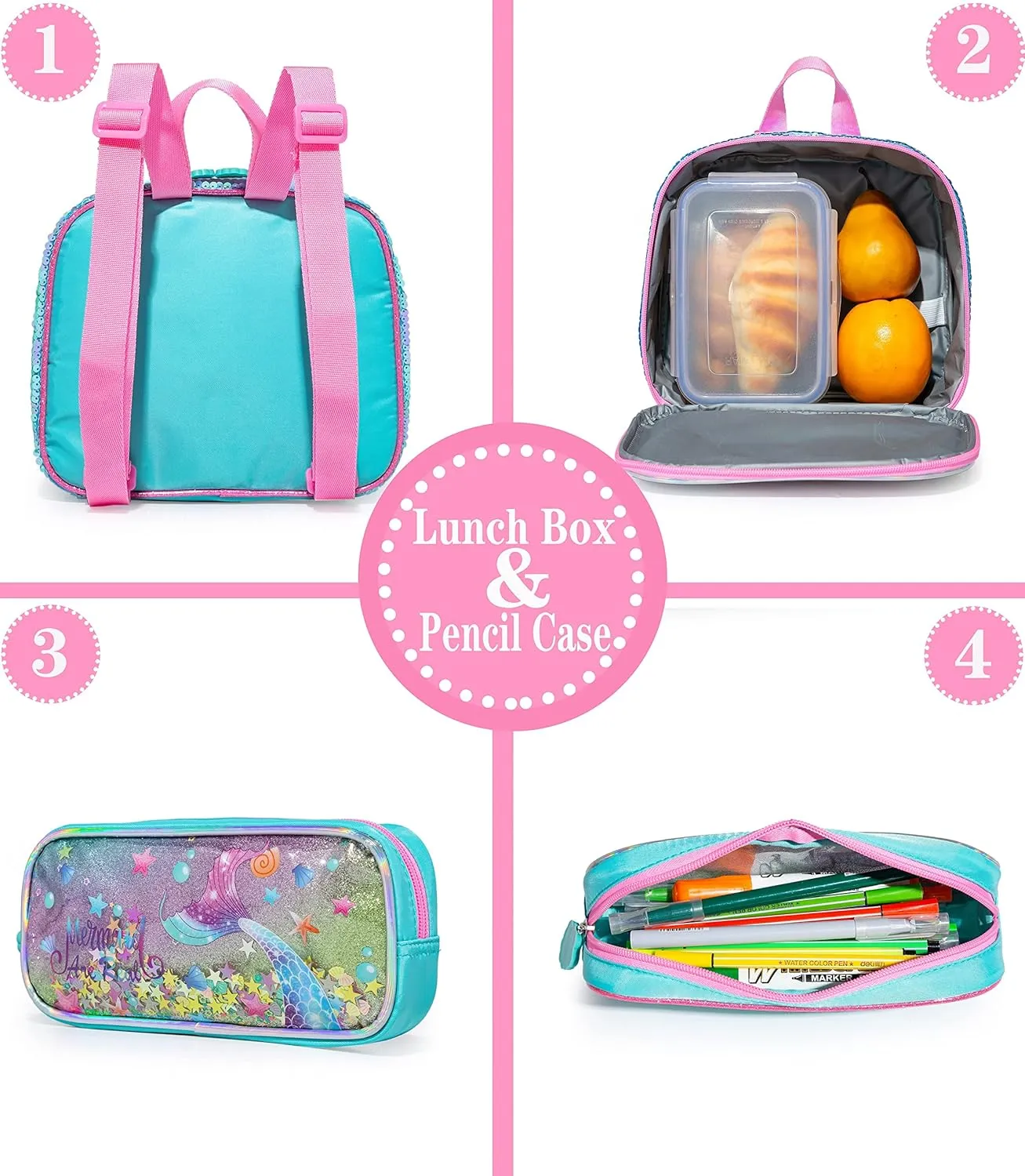 Mermaid Backpack with Wheels Girls Backpack with Lunch Box Set Kids Suitcase for Girls Preschool Wheeled Backpack with Roller Elementary Kids School Rolling Backpacks for Girls with Lunch Box