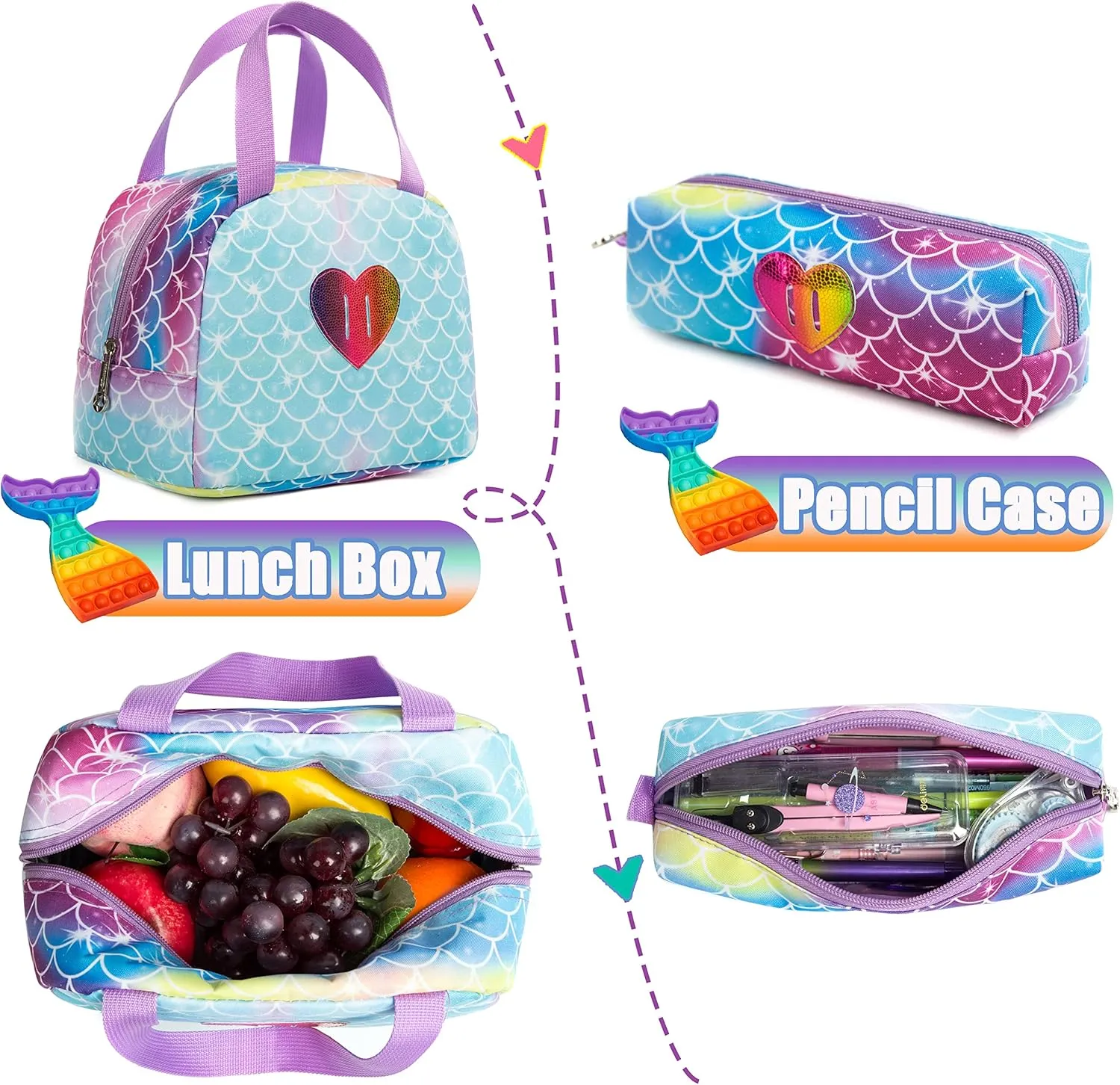 Mermaid Rolling Backpack for Girls Kids Wheels Backpacks for Elementary Student Wheeled Trolley Trip Luggage for Teen Girls with Lunch Box Pencil Case
