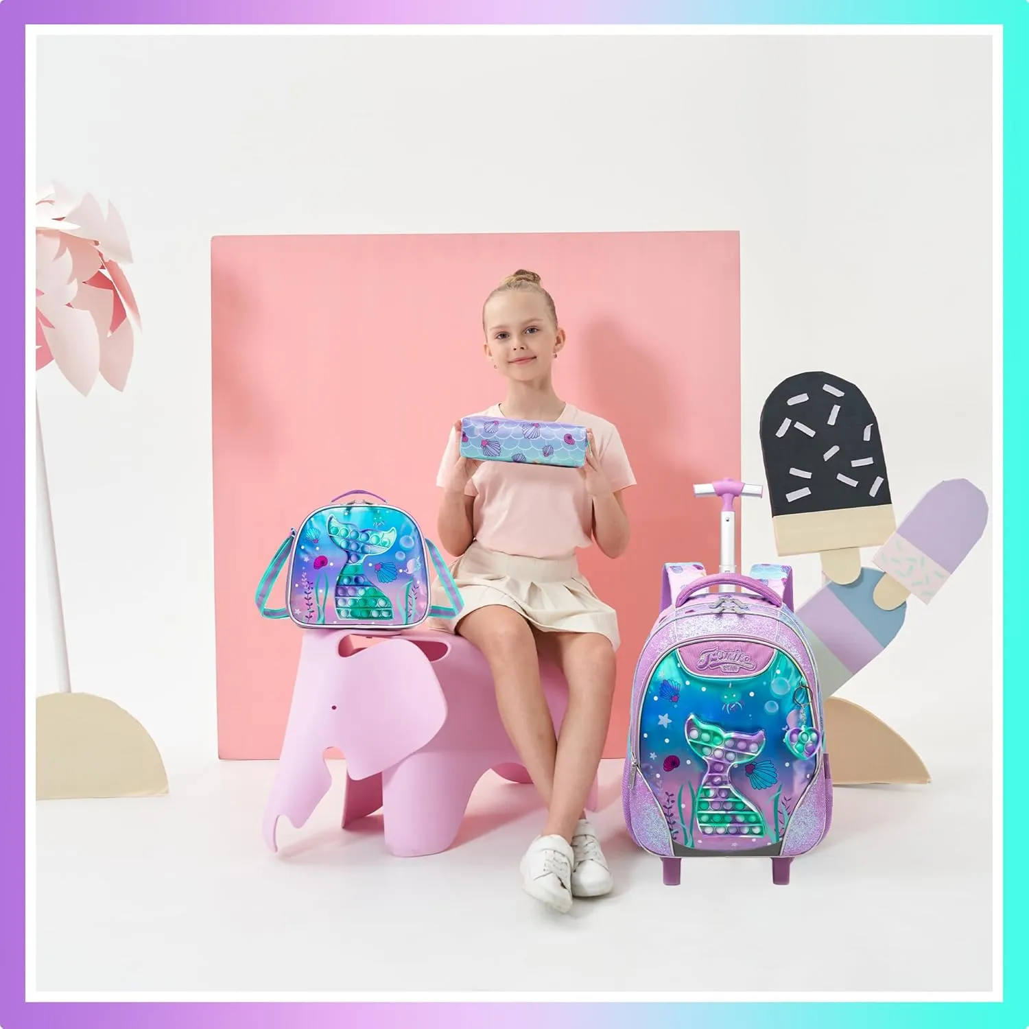 Mermaid Rolling Backpack for Girls Kids Wheels Backpacks for Elementary Student Wheeled Trolley Trip Luggage for Teen Girls with Lunch Box Pencil Case