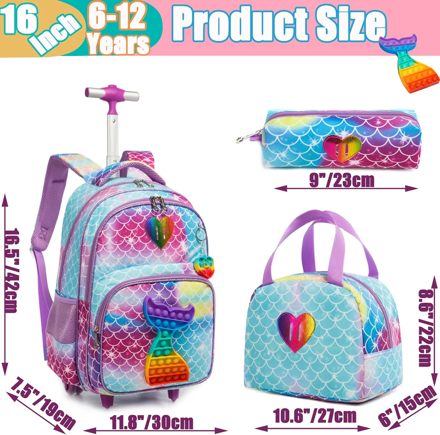 Mermaid Rolling Backpack for Girls Kids Wheels Backpacks for Elementary Student Wheeled Trolley Trip Luggage for Teen Girls with Lunch Box Pencil Case