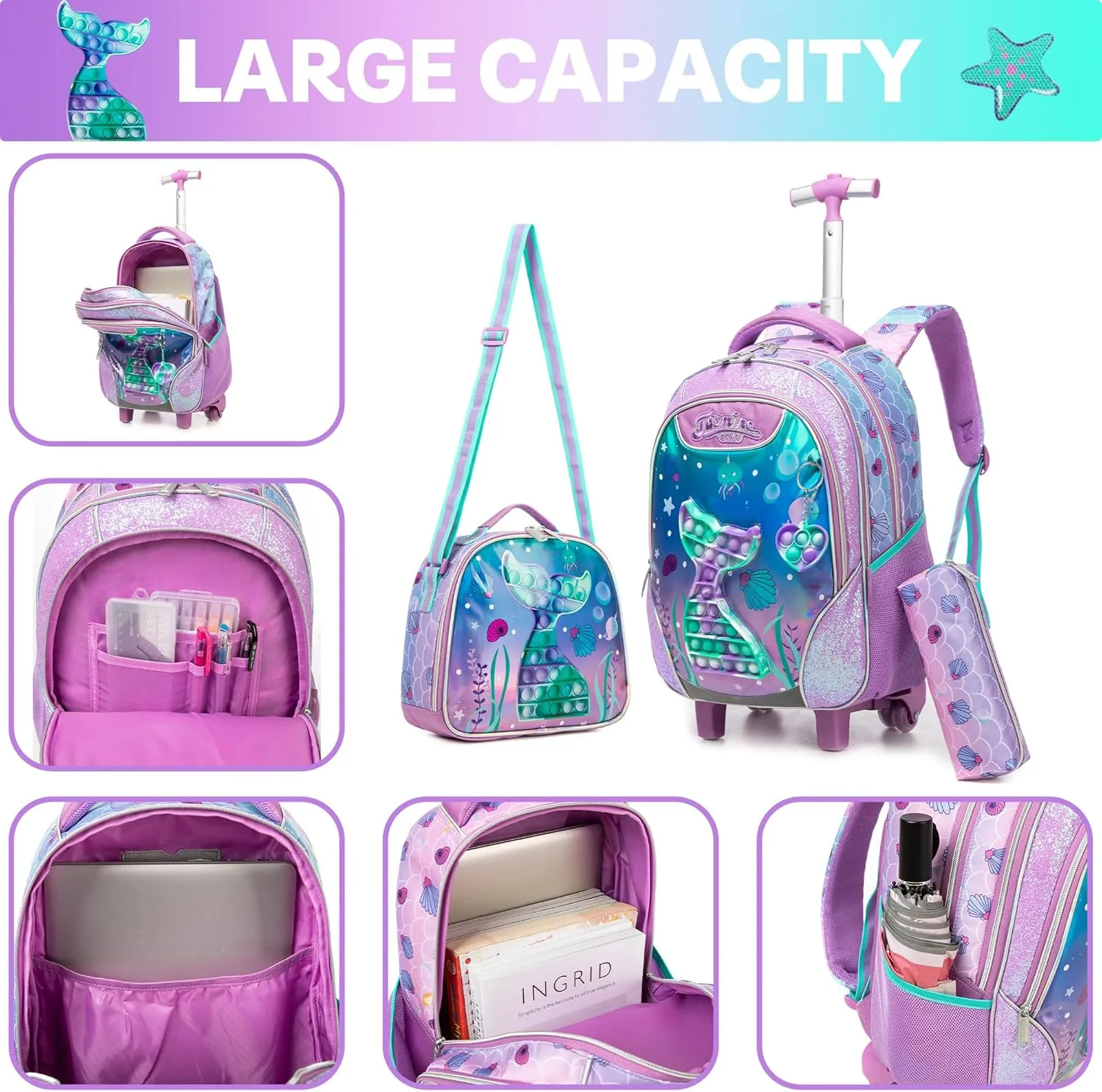 Mermaid Rolling Backpack for Girls Kids Wheels Backpacks for Elementary Student Wheeled Trolley Trip Luggage for Teen Girls with Lunch Box Pencil Case