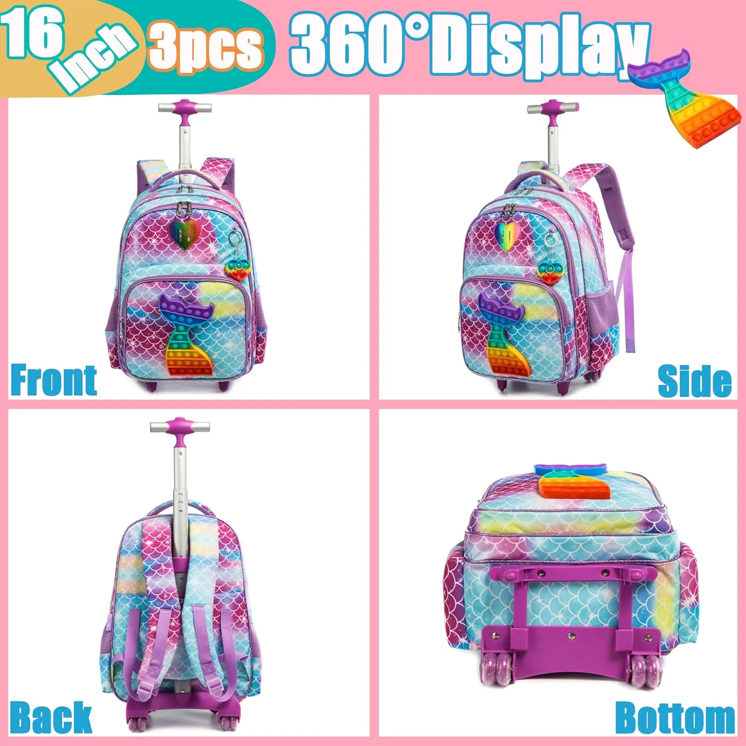 Mermaid Rolling Backpack for Girls Kids Wheels Backpacks for Elementary Student Wheeled Trolley Trip Luggage for Teen Girls with Lunch Box Pencil Case