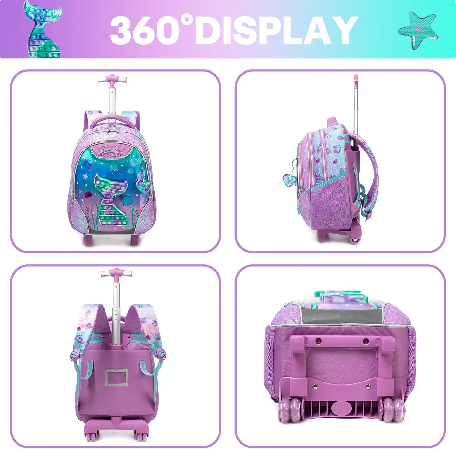 Mermaid Rolling Backpack for Girls Kids Wheels Backpacks for Elementary Student Wheeled Trolley Trip Luggage for Teen Girls with Lunch Box Pencil Case