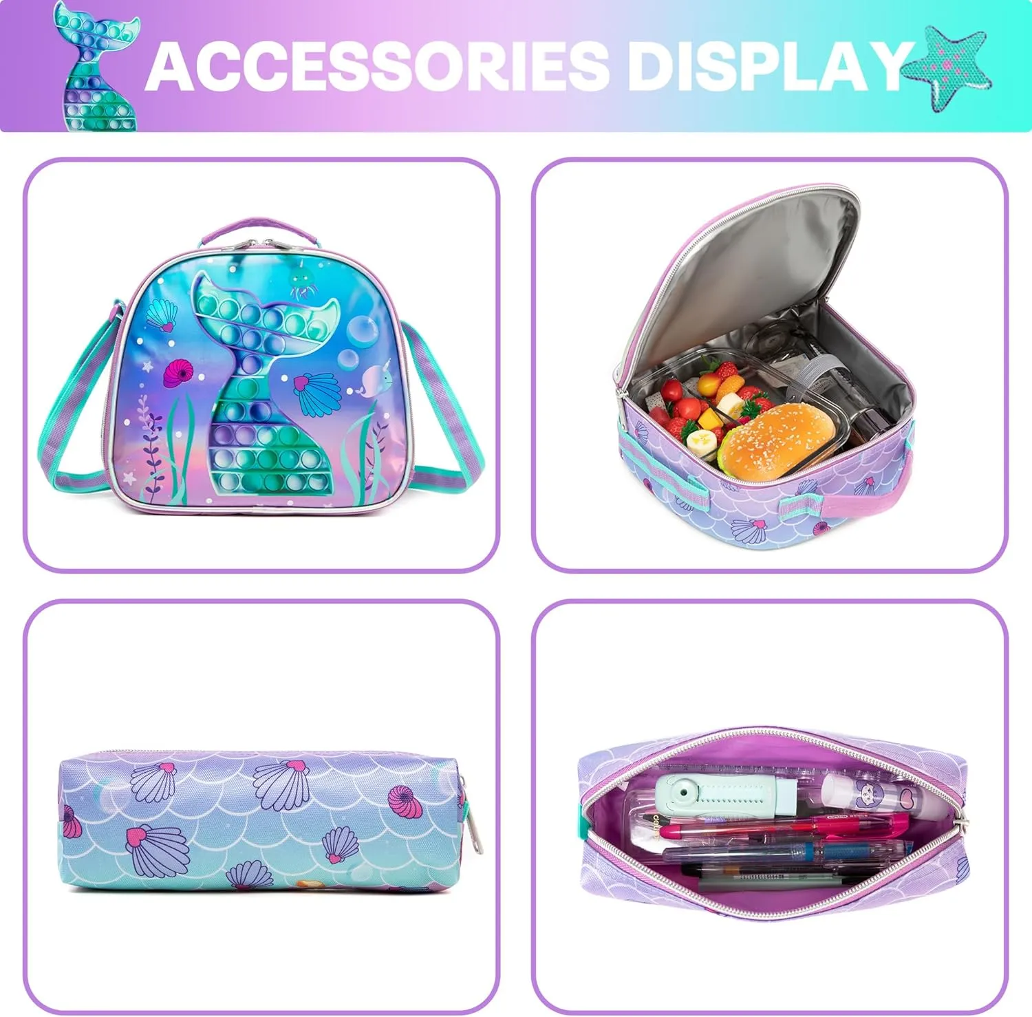 Mermaid Rolling Backpack for Girls Kids Wheels Backpacks for Elementary Student Wheeled Trolley Trip Luggage for Teen Girls with Lunch Box Pencil Case