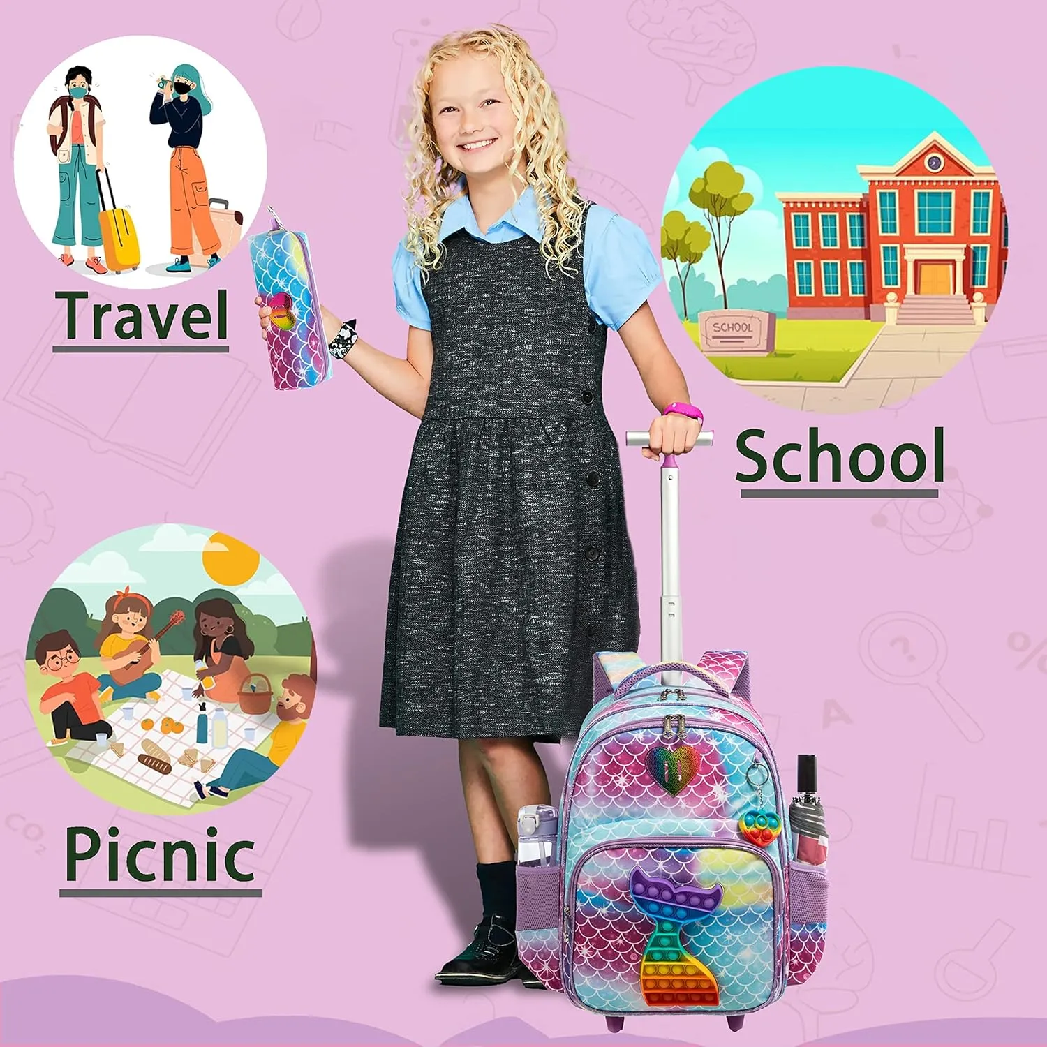 Mermaid Rolling Backpack for Girls Kids Wheels Backpacks for Elementary Student Wheeled Trolley Trip Luggage for Teen Girls with Lunch Box Pencil Case