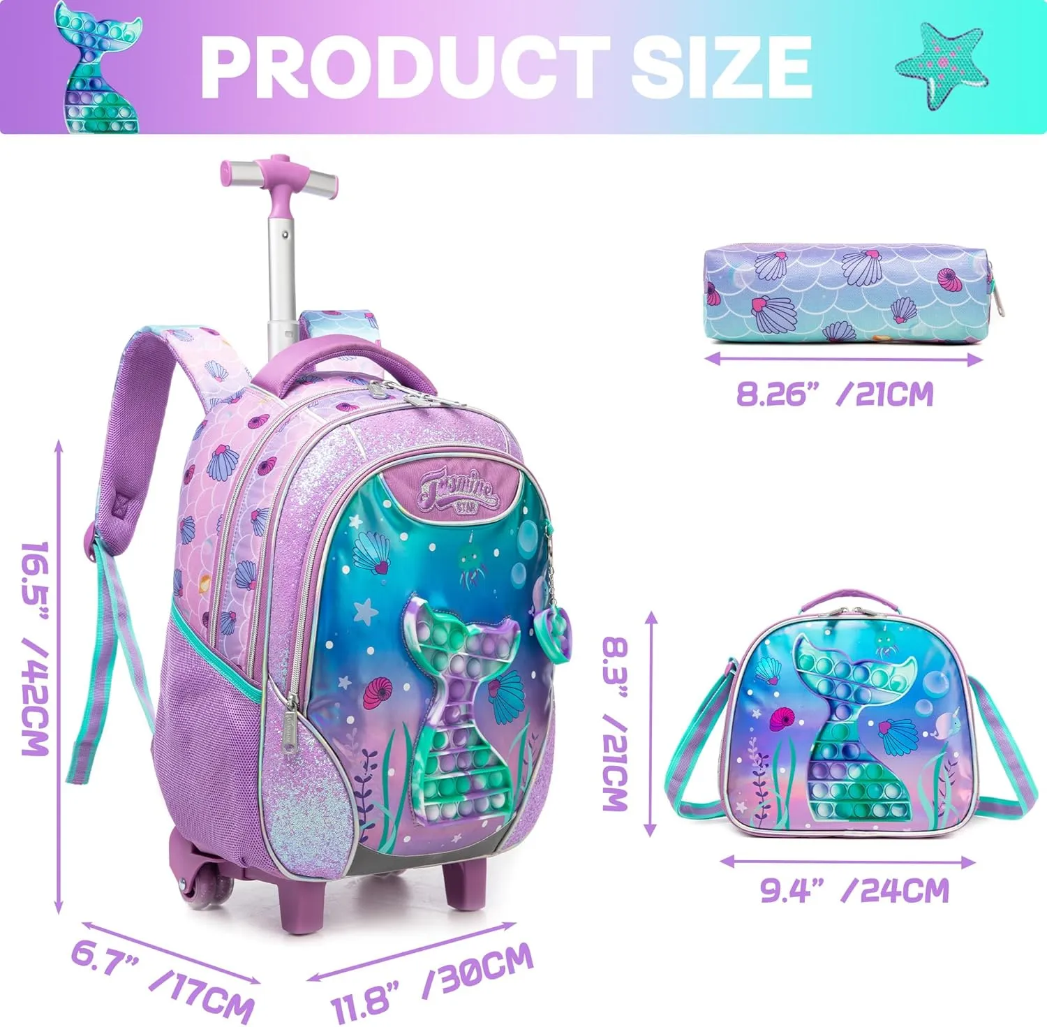 Mermaid Rolling Backpack for Girls Kids Wheels Backpacks for Elementary Student Wheeled Trolley Trip Luggage for Teen Girls with Lunch Box Pencil Case