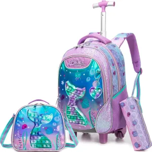 Mermaid Rolling Backpack for Girls Kids Wheels Backpacks for Elementary Student Wheeled Trolley Trip Luggage for Teen Girls with Lunch Box Pencil Case