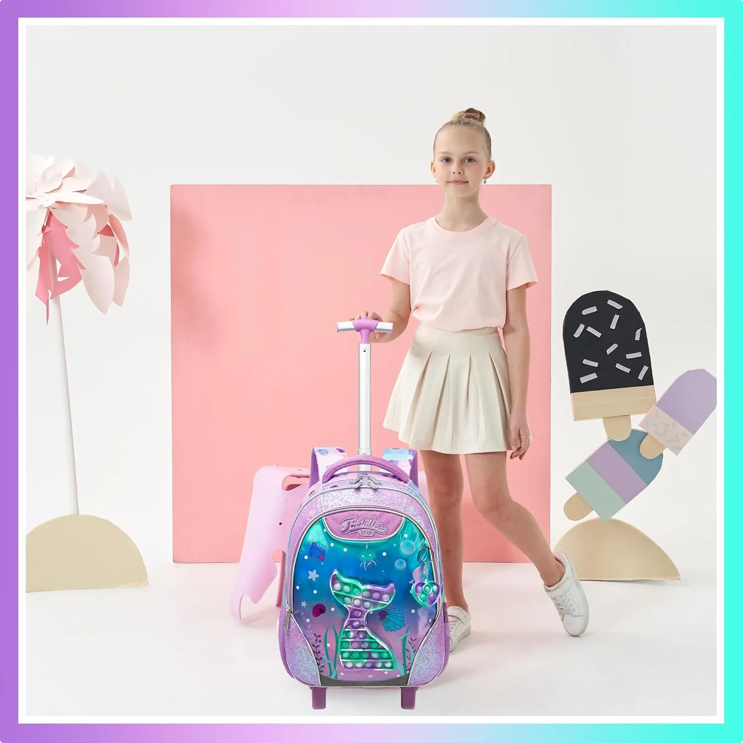 Mermaid Rolling Backpack for Girls Kids Wheels Backpacks for Elementary Student Wheeled Trolley Trip Luggage for Teen Girls with Lunch Box Pencil Case