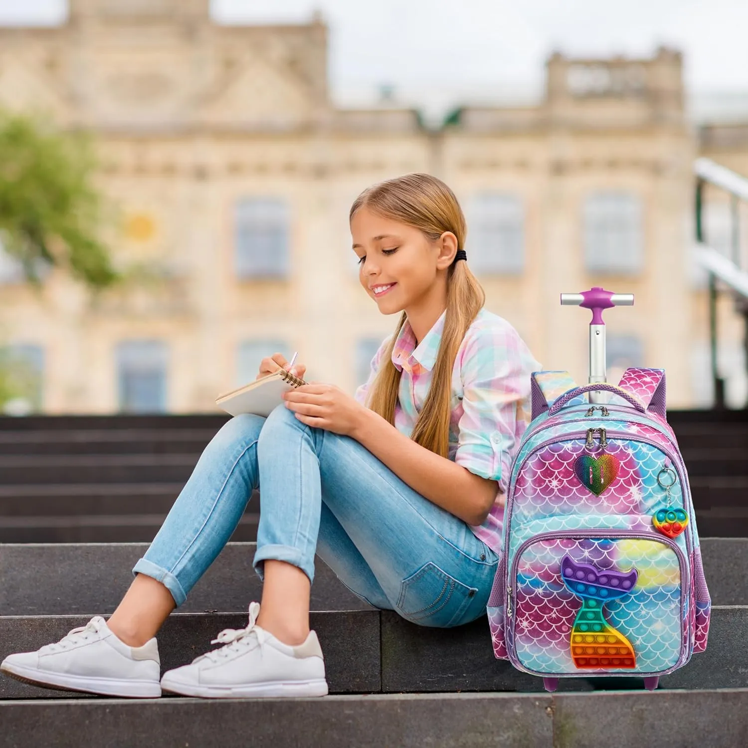 Mermaid Rolling Backpack for Girls Kids Wheels Backpacks for Elementary Student Wheeled Trolley Trip Luggage for Teen Girls with Lunch Box Pencil Case