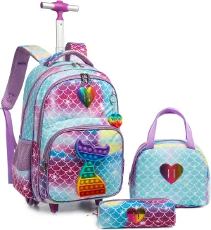 Mermaid Rolling Backpack for Girls Kids Wheels Backpacks for Elementary Student Wheeled Trolley Trip Luggage for Teen Girls with Lunch Box Pencil Case
