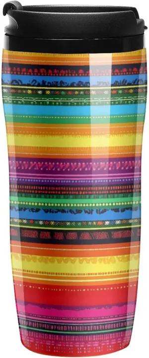 Mexican Serape Colorful Stripes Coffee Mug with Lid Portable Tumbler Water Bottle for Travel Business 350ml