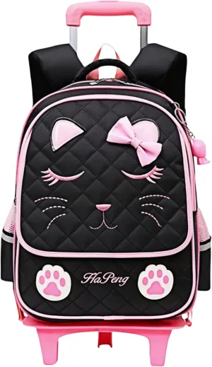 MITOWERMI Cute Rolling Backpack for Girls Trolley School Bags Cat-face Bowknot Girls Roller Backpacks with Wheels Kids Carry-on Travel Luggage Black-2 Wheels