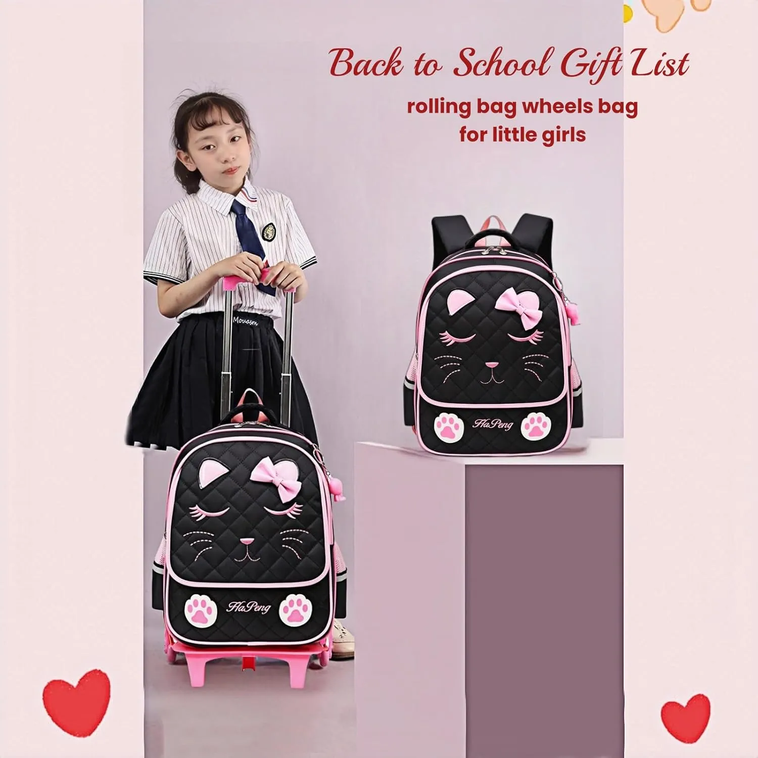 MITOWERMI Cute Rolling Backpack for Girls Trolley School Bags Cat-face Bowknot Girls Roller Backpacks with Wheels Kids Carry-on Travel Luggage Black-2 Wheels