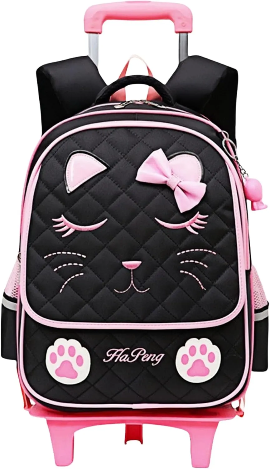 MITOWERMI Cute Rolling Backpack for Girls Trolley School Bags Cat-face Bowknot Girls Roller Backpacks with Wheels Kids Carry-on Travel Luggage Black-2 Wheels