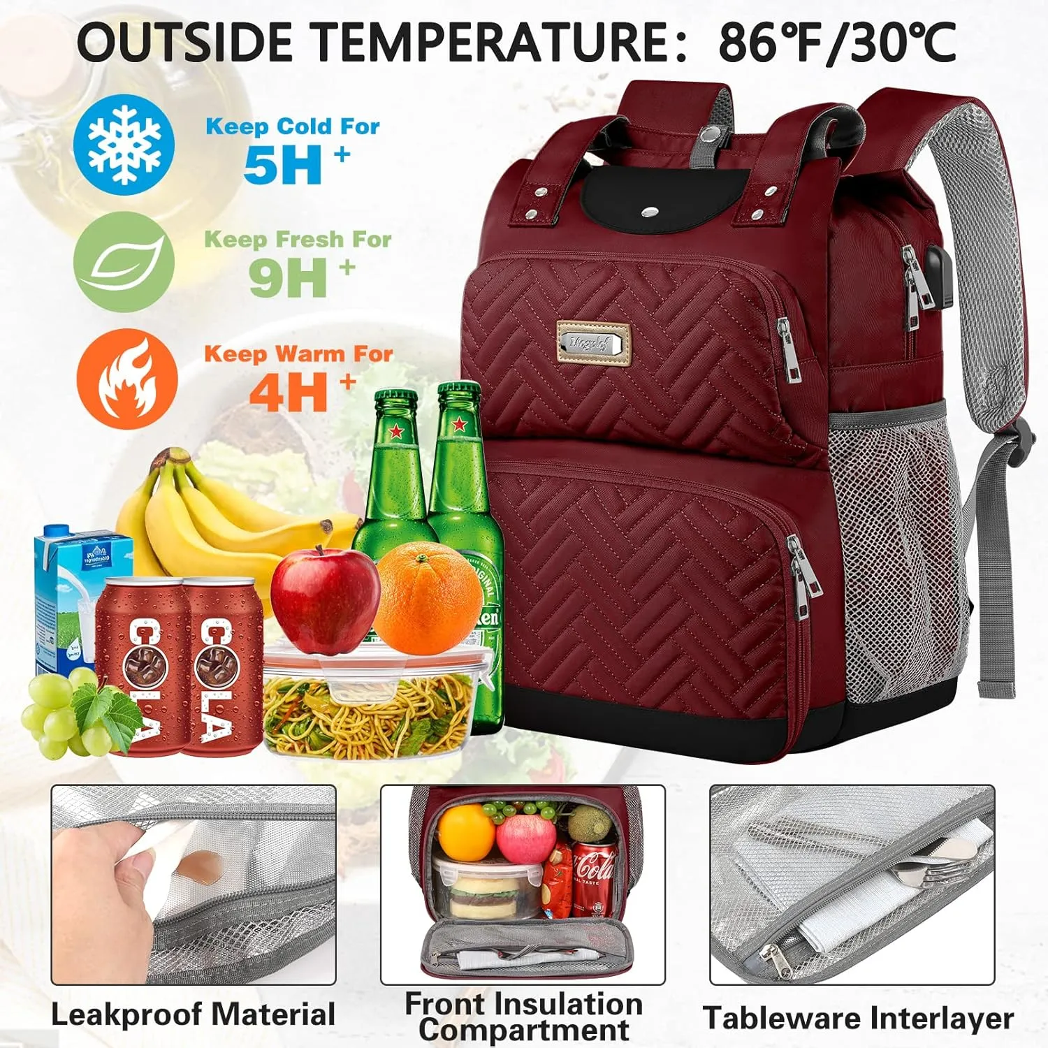 Mogplof Lunch Backpack for Women, Water-resistant Insulated Cooler Backpacks Lunch Box Laptop Backpack, College with USB Port RFID Pockets for Nurse Work Travel Fits 15.6 Inch Laptop, Red