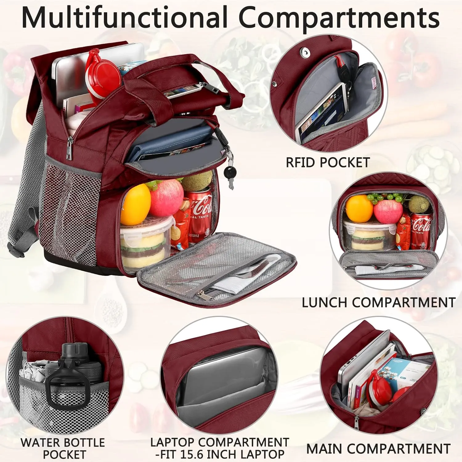Mogplof Lunch Backpack for Women, Water-resistant Insulated Cooler Backpacks Lunch Box Laptop Backpack, College with USB Port RFID Pockets for Nurse Work Travel Fits 15.6 Inch Laptop, Red