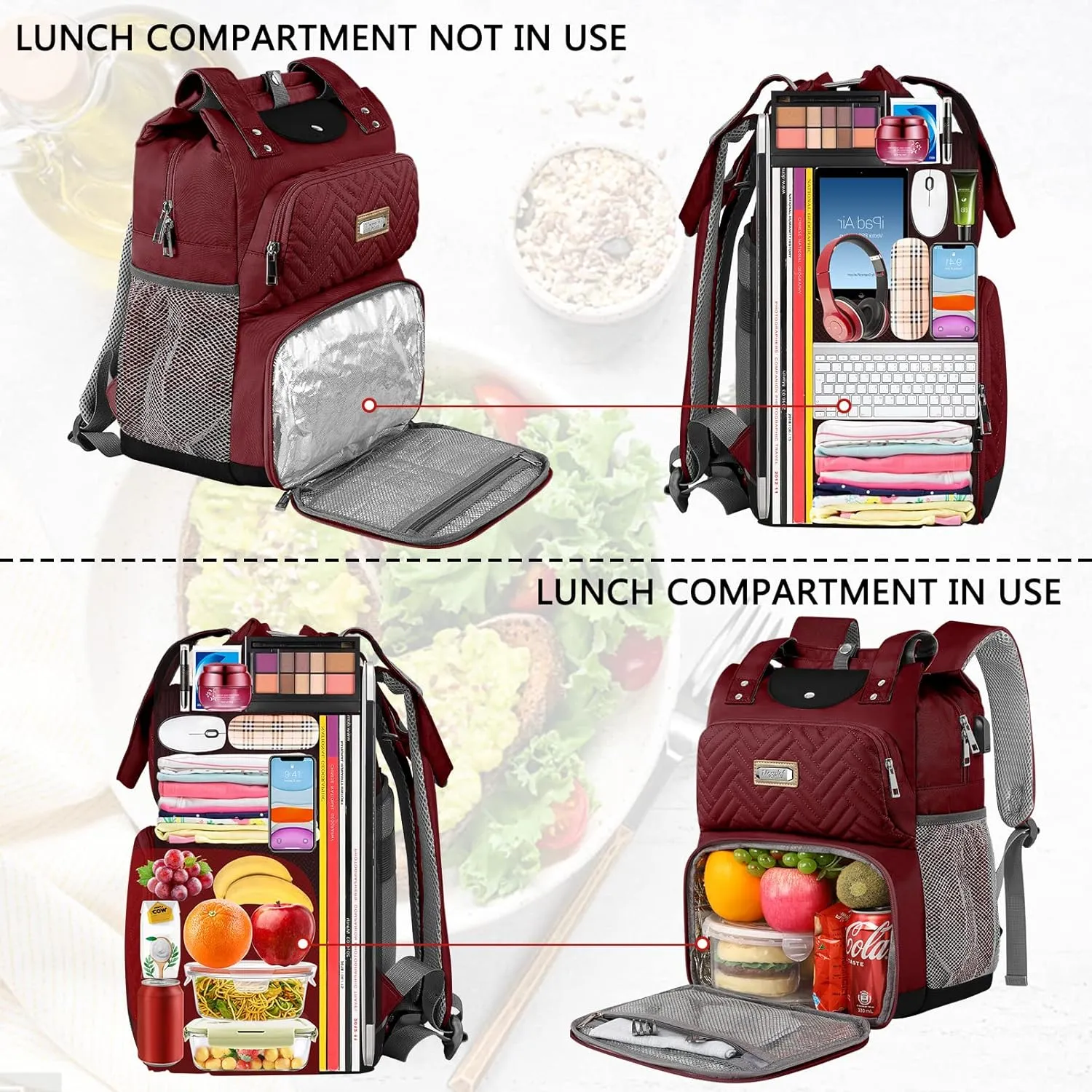 Mogplof Lunch Backpack for Women, Water-resistant Insulated Cooler Backpacks Lunch Box Laptop Backpack, College with USB Port RFID Pockets for Nurse Work Travel Fits 15.6 Inch Laptop, Red