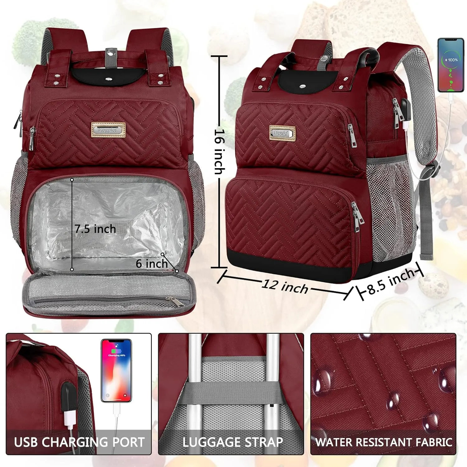 Mogplof Lunch Backpack for Women, Water-resistant Insulated Cooler Backpacks Lunch Box Laptop Backpack, College with USB Port RFID Pockets for Nurse Work Travel Fits 15.6 Inch Laptop, Red