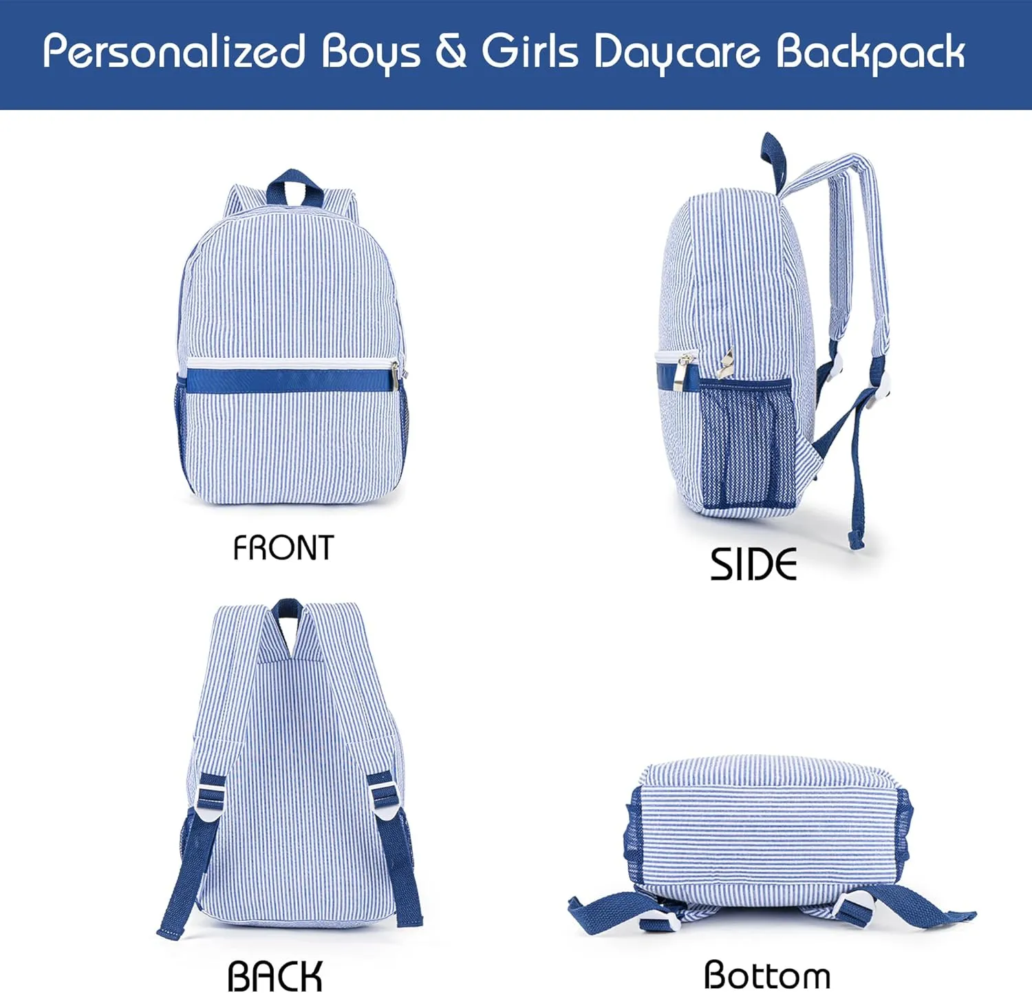 MT WORLD Toddler Backpack Personalized Daycare Backpack for Little Boys 2-4 Seersucker Kids Backpack Preppy Preschool Packpacks Kids Bookbags for Daily School Birthday Gifts (Blue)