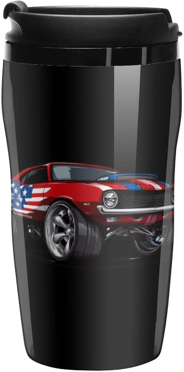 Muscle Car with Am-erican Flag Coffee Mug with Lid Portable Tumbler Water Bottle for Travel Business 250ml
