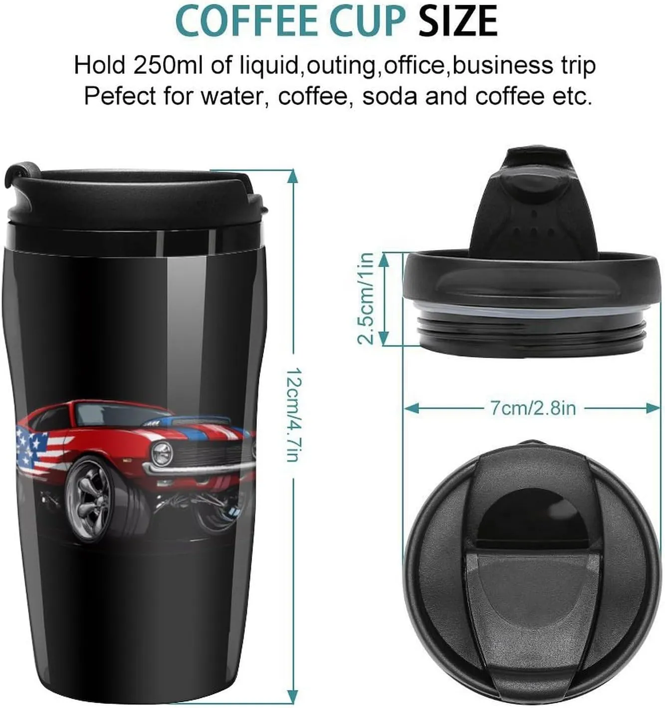 Muscle Car with Am-erican Flag Coffee Mug with Lid Portable Tumbler Water Bottle for Travel Business 250ml